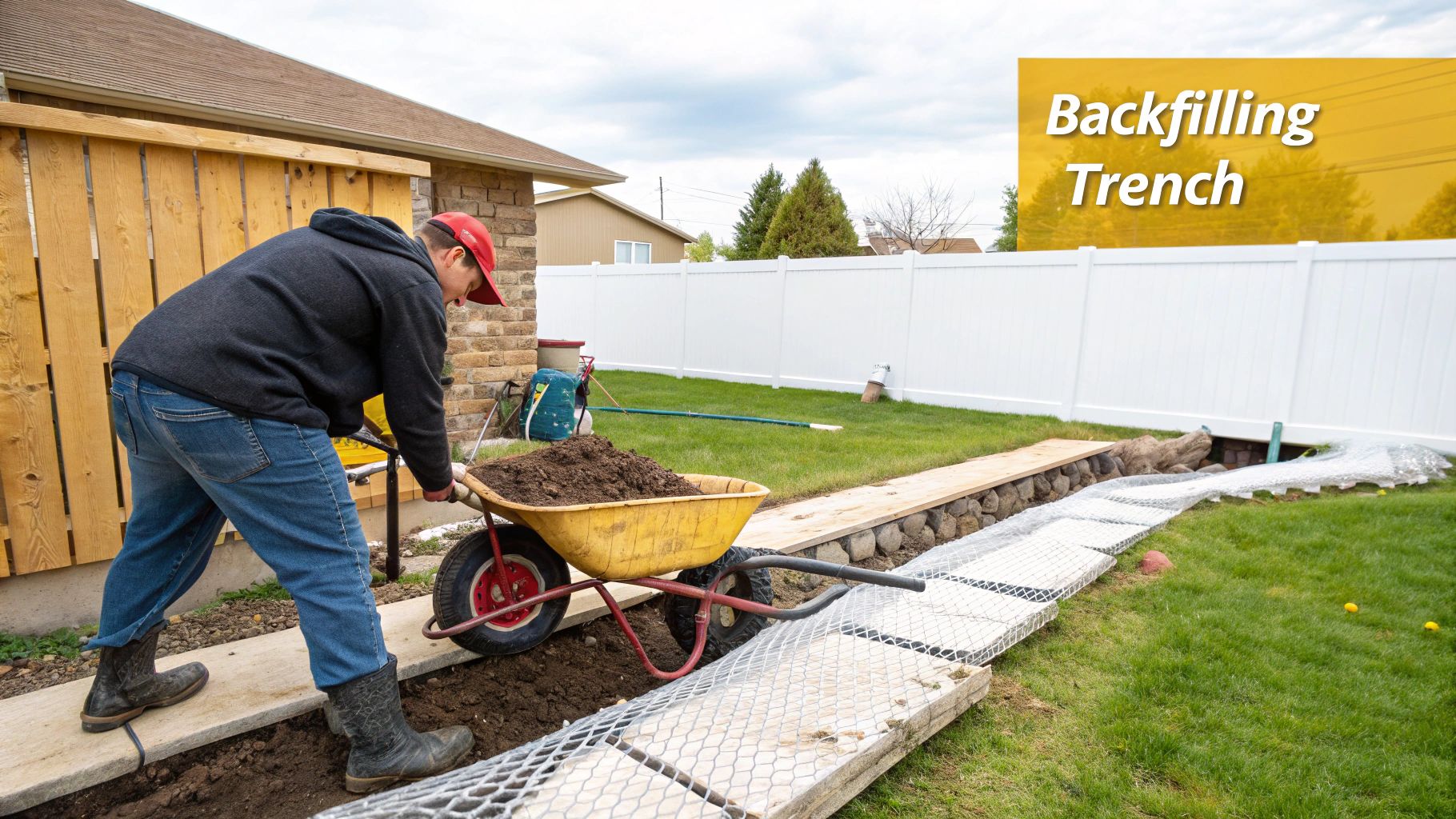 A newly installed French drain with river rock covering the trench, blending into a landscaped garden area.