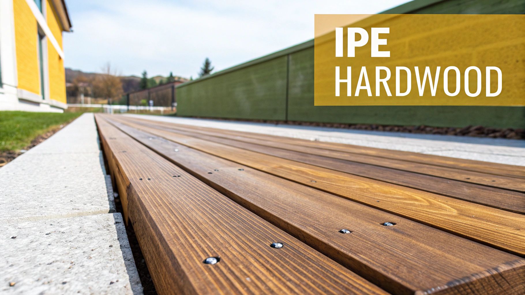 An elegant dark wood deck made from tropical hardwood, surrounded by lush greenery.