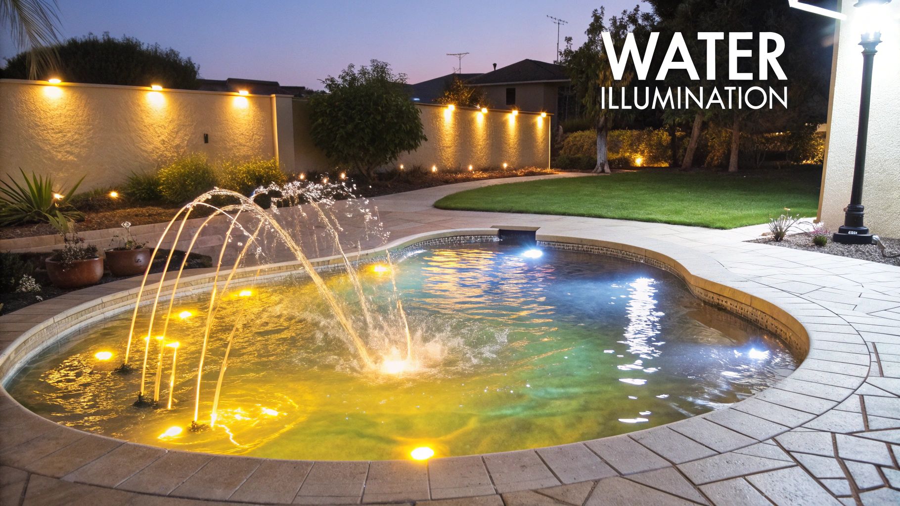A serene backyard pond illuminated at night, with underwater lights highlighting a small waterfall and submersible lights casting a warm glow on aquatic plants.