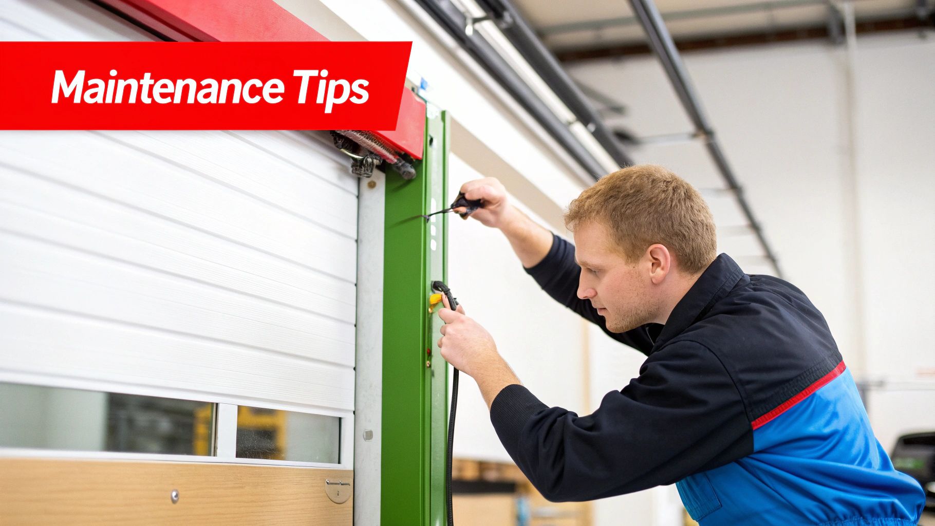 A close-up view of the durable steel panels on a commercial garage door, showcasing its material quality.