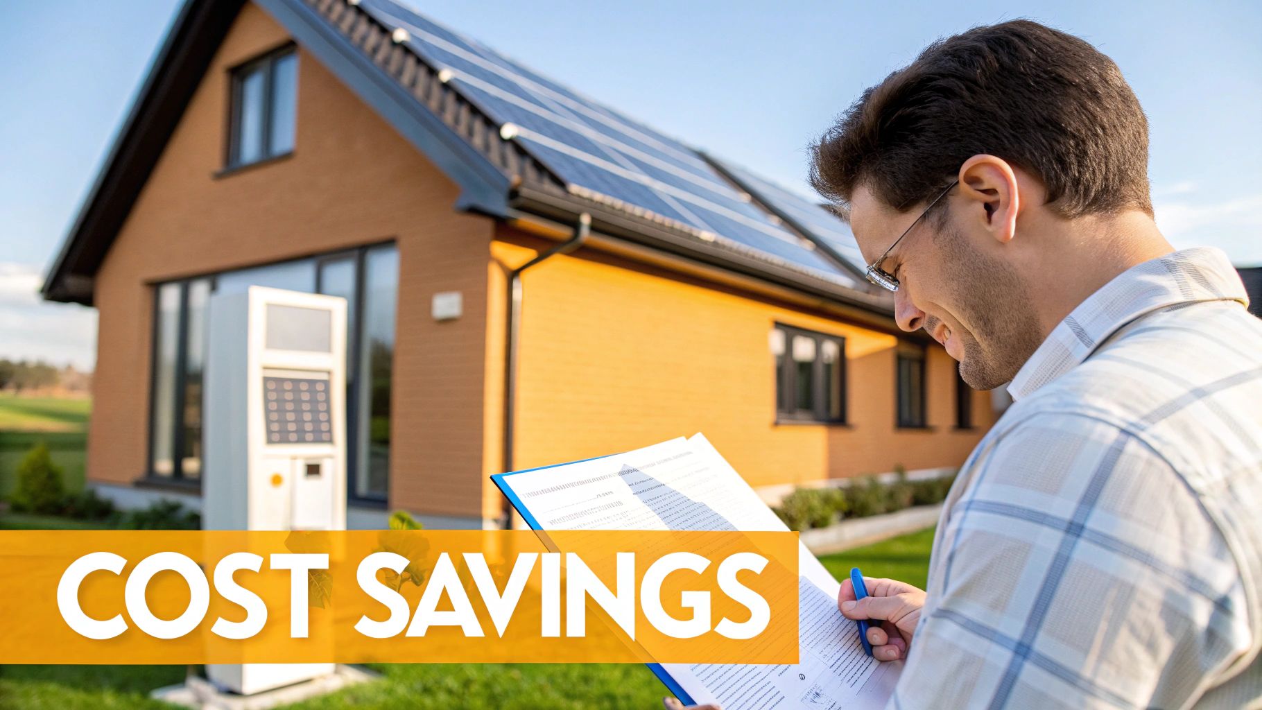 A certified technician installing a solar battery storage unit on the wall of a clean garage.