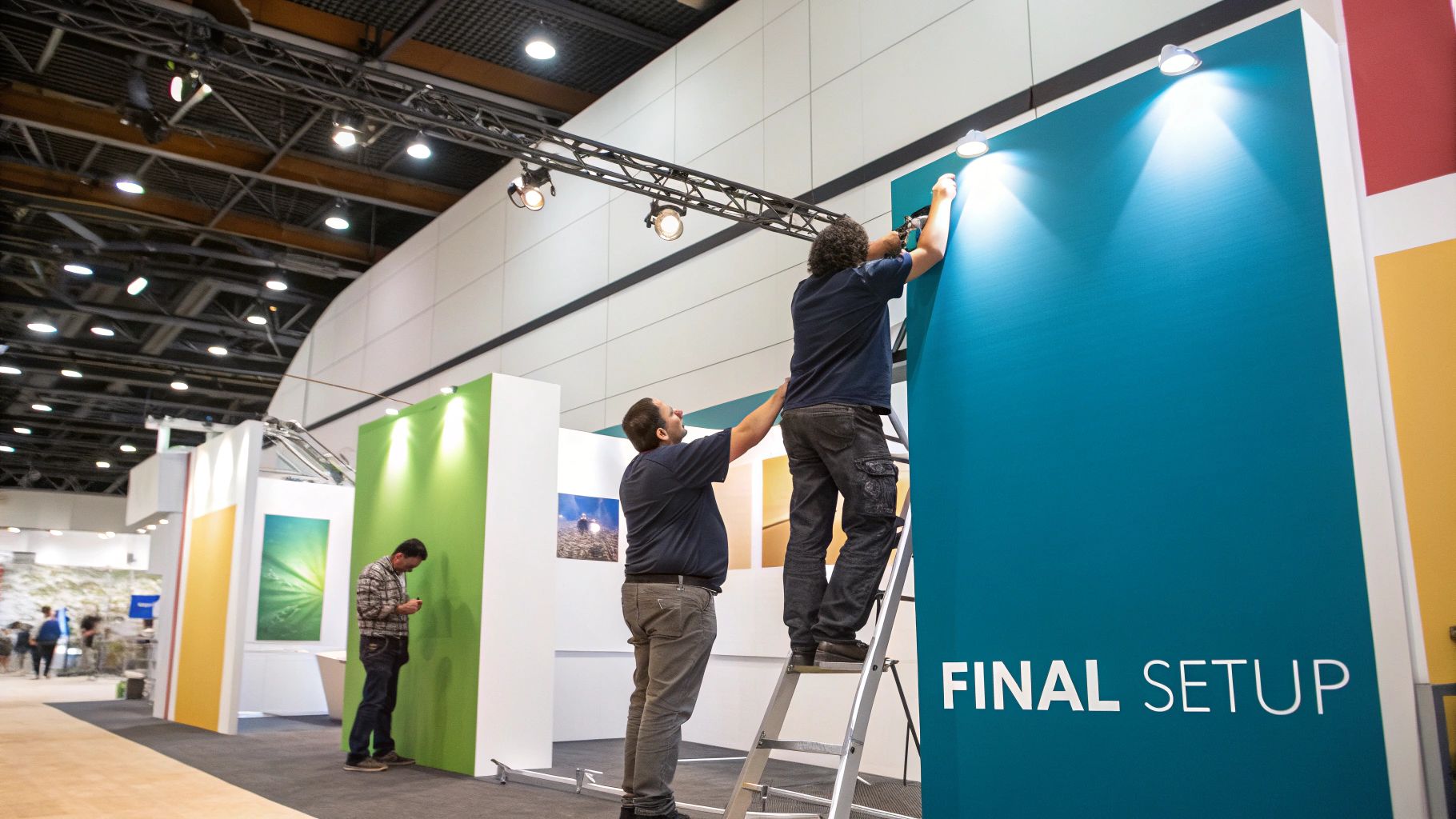 A team of workers assembling a large exhibition stand on a show floor.