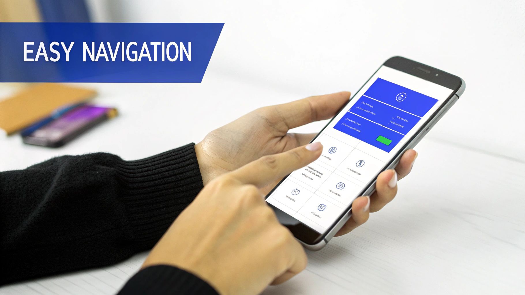 Illustration showing a smartphone with a user-friendly navigation menu, highlighting thumb-friendly touch targets and a clear layout.