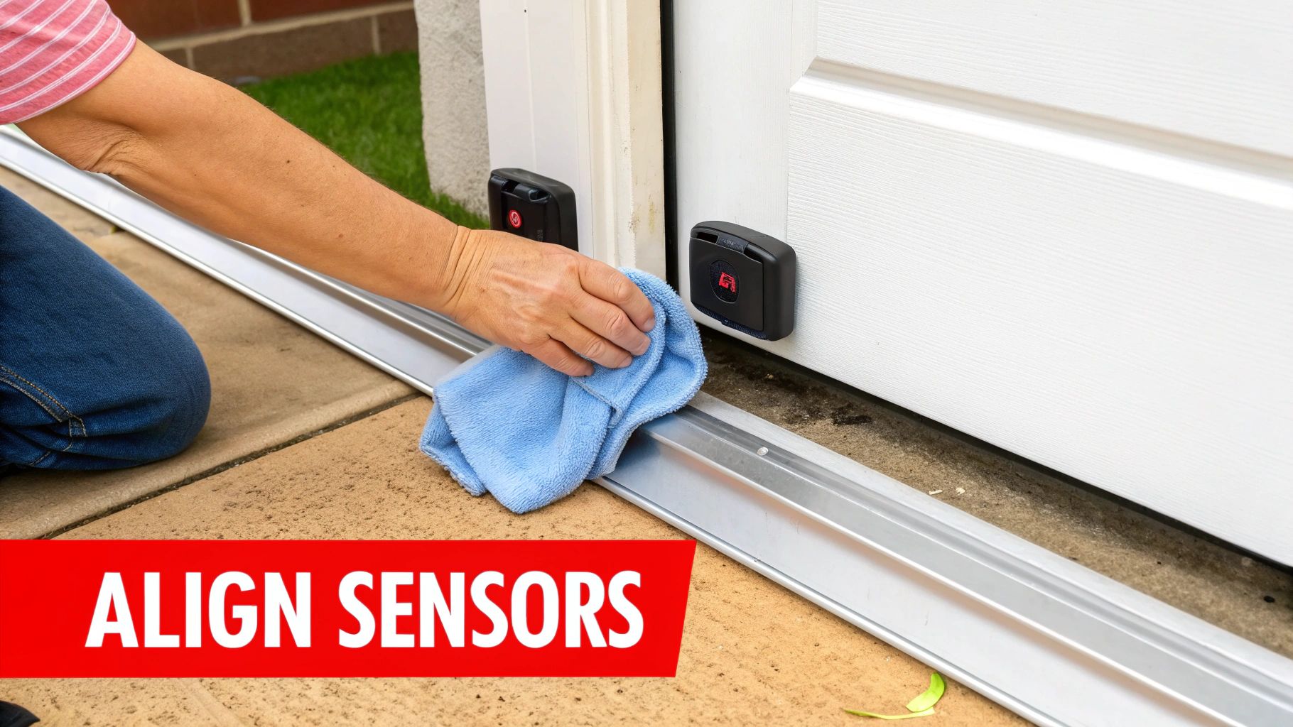 A close-up of a garage door safety sensor with a green light indicating proper alignment.