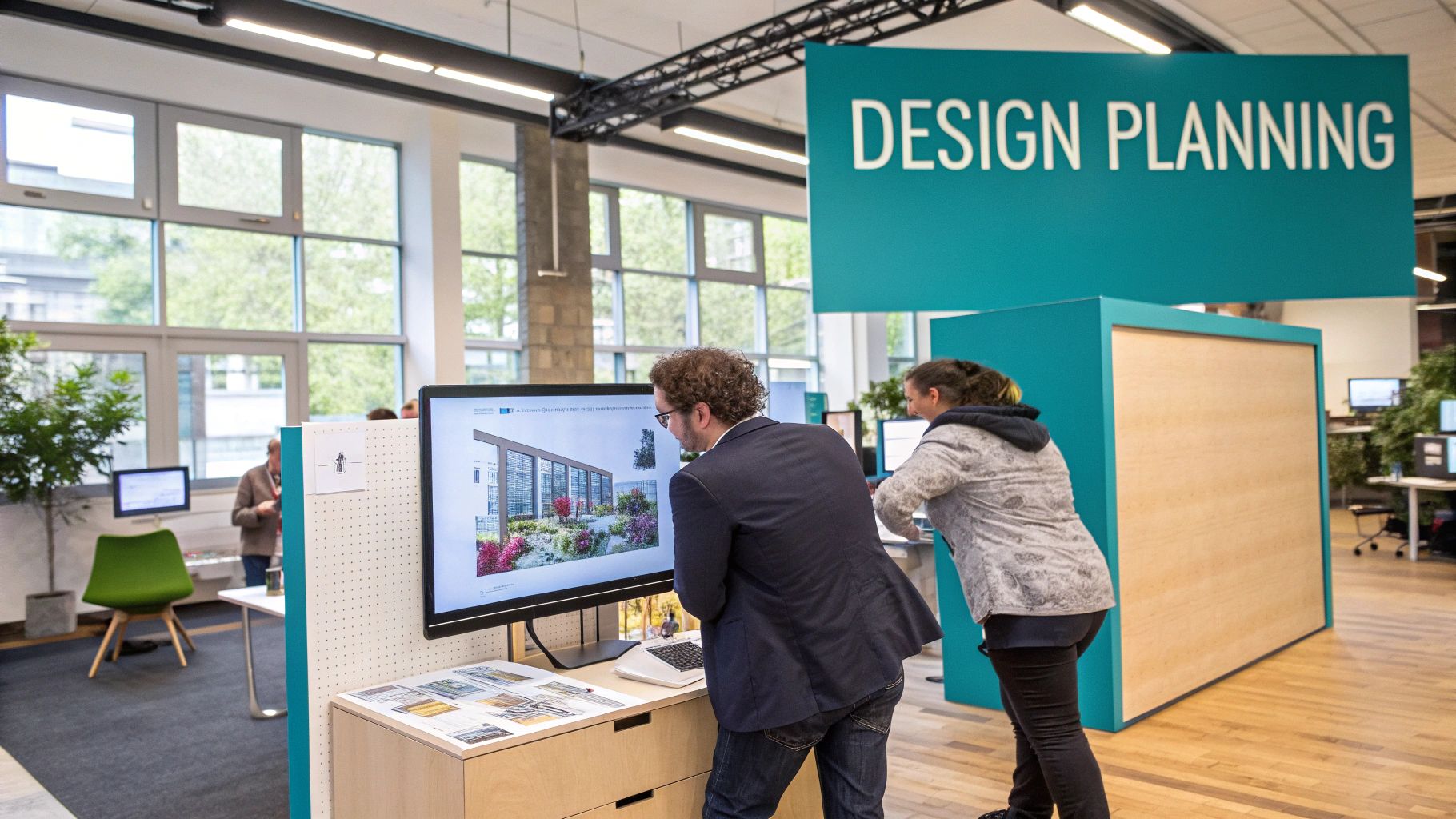 A modern, well-lit exhibition stand with digital displays and meeting areas.
