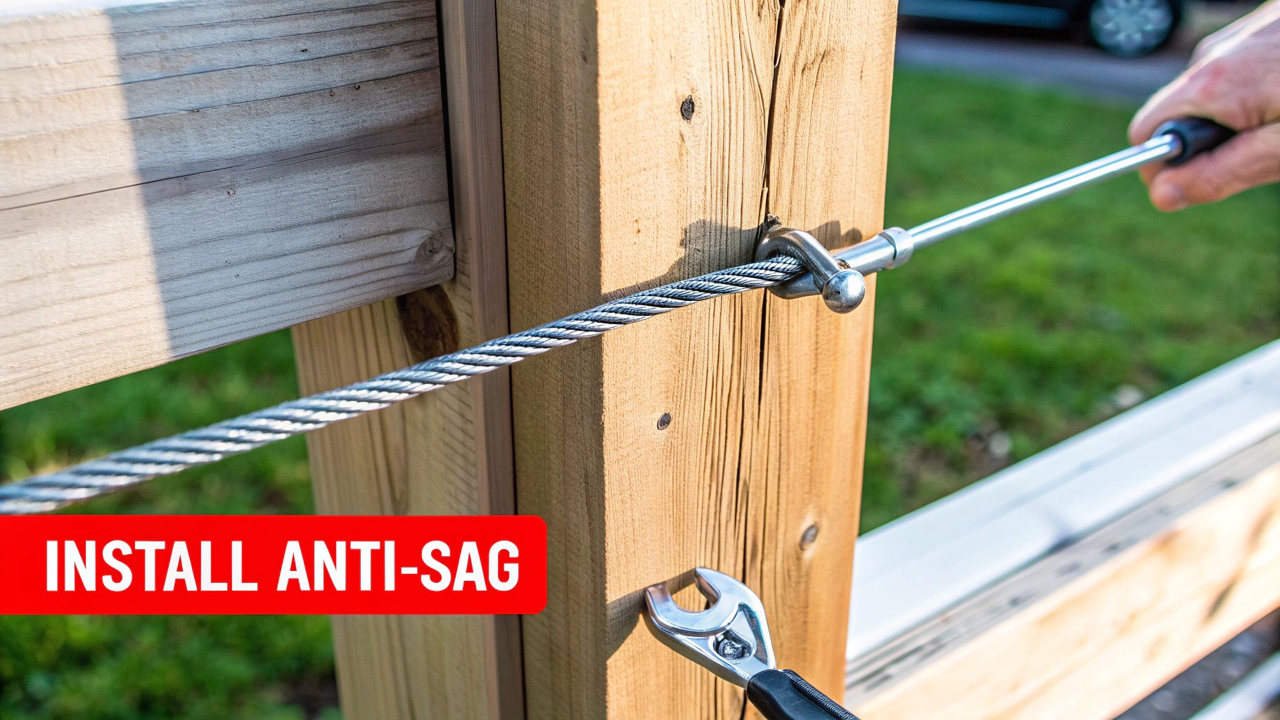 An anti-sag kit with a turnbuckle installed diagonally on a wooden gate.