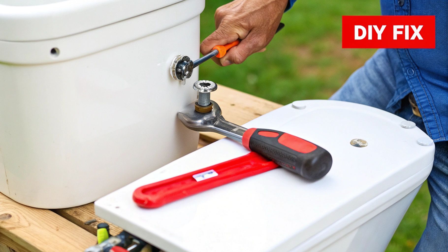 A plumber in a blue shirt carefully working on the internal components of a toilet tank.