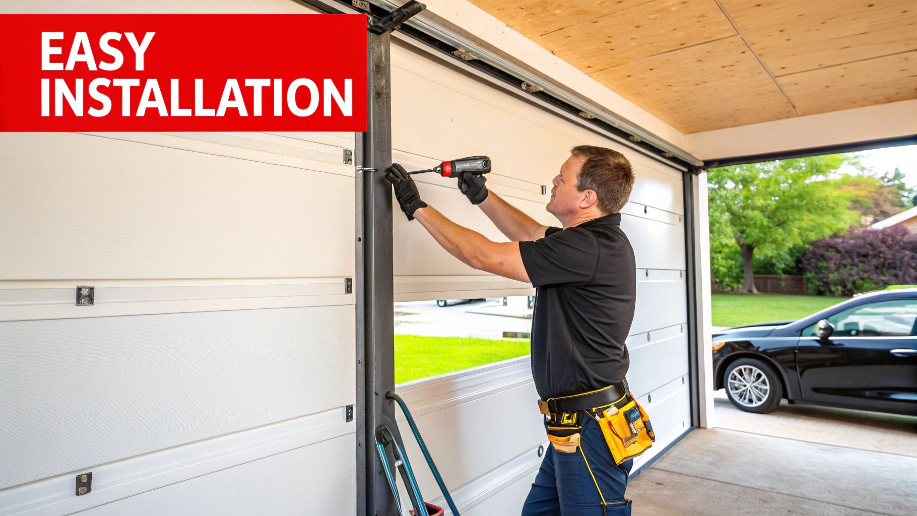 Close-up of a garage door's weather sealing, showing its tight fit against the frame to prevent drafts.