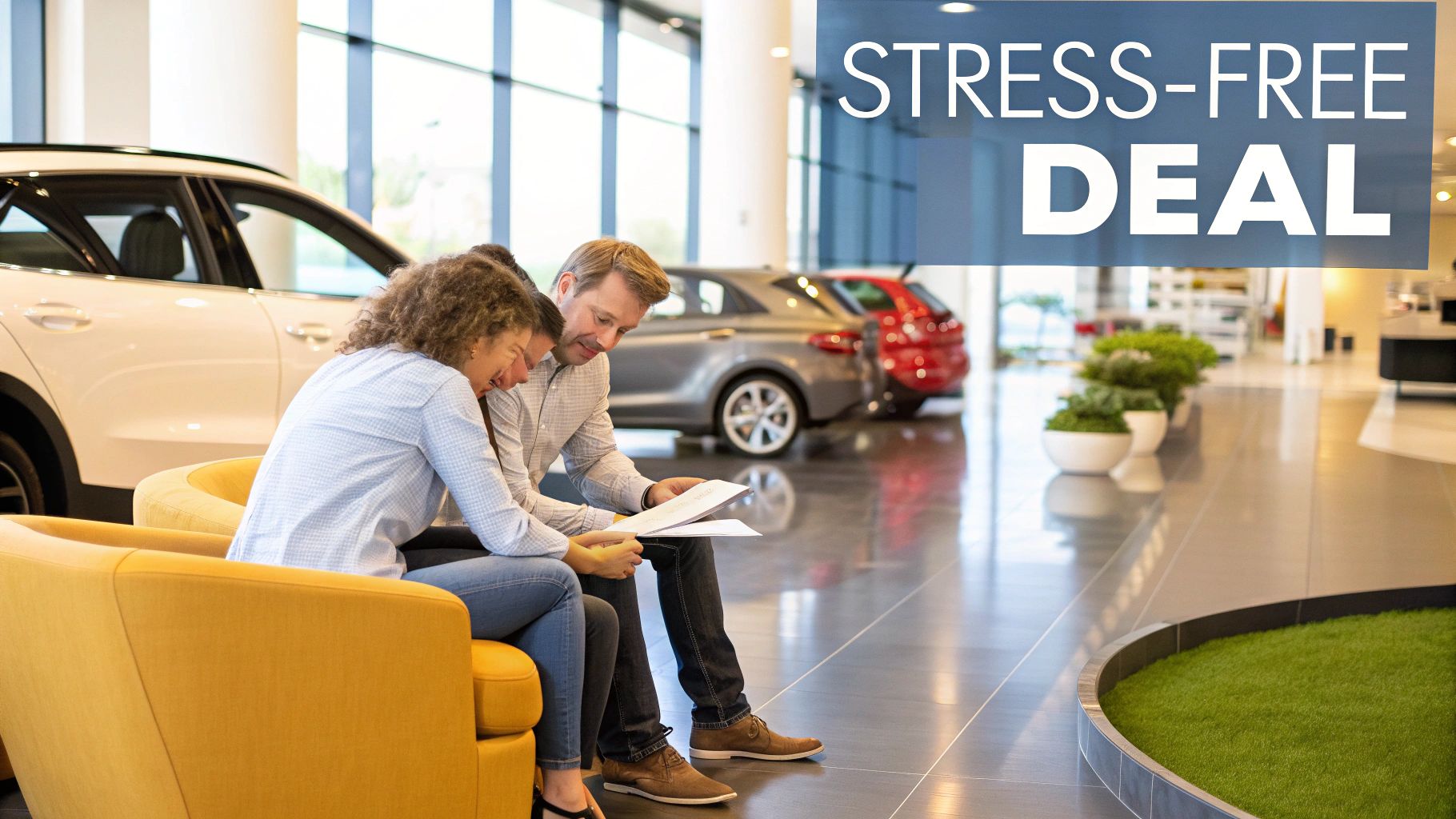Luxury car keys and a contract being signed in a stress-free environment.