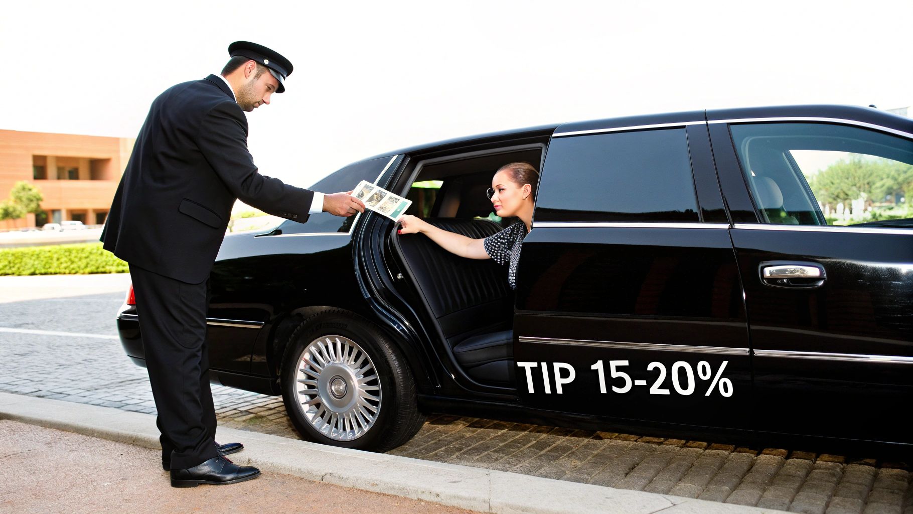 How Much to Tip a Limo Driver on Long Island 1 A professional chauffeur opening the door of a luxury black sedan for a client.