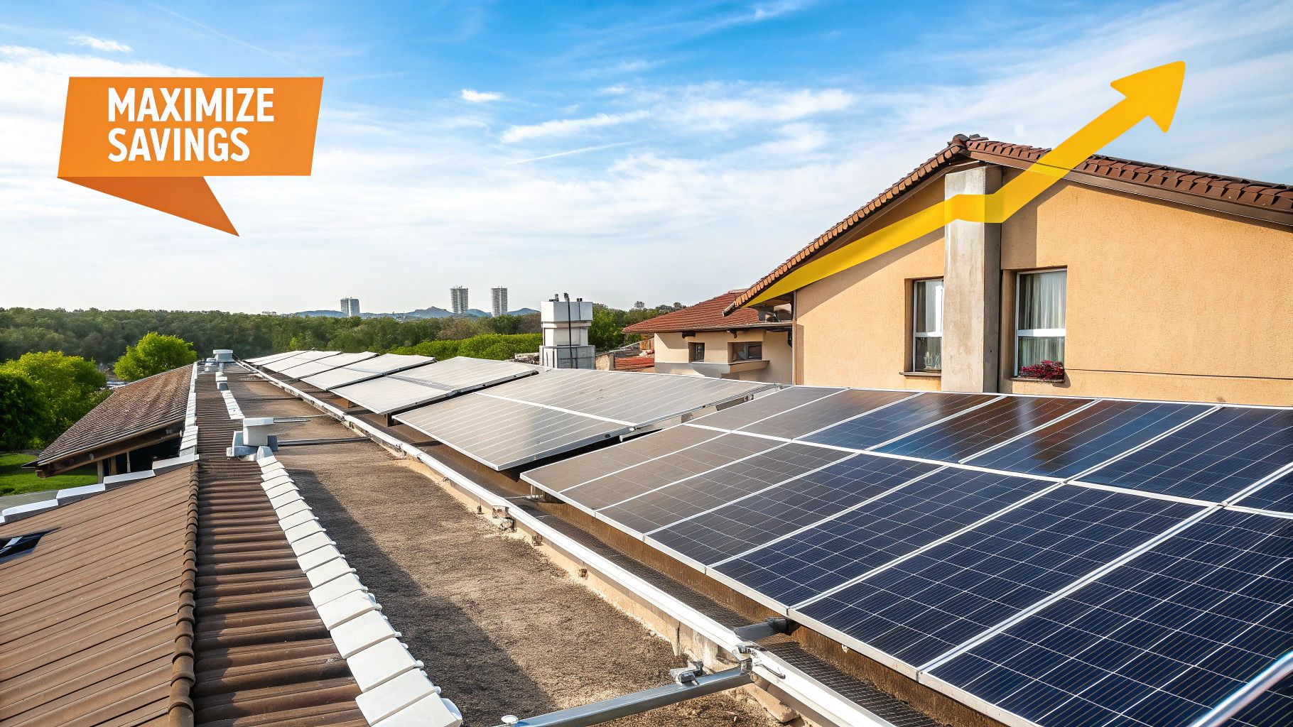 A large commercial building in New York with a full rooftop of solar panels under a clear blue sky.