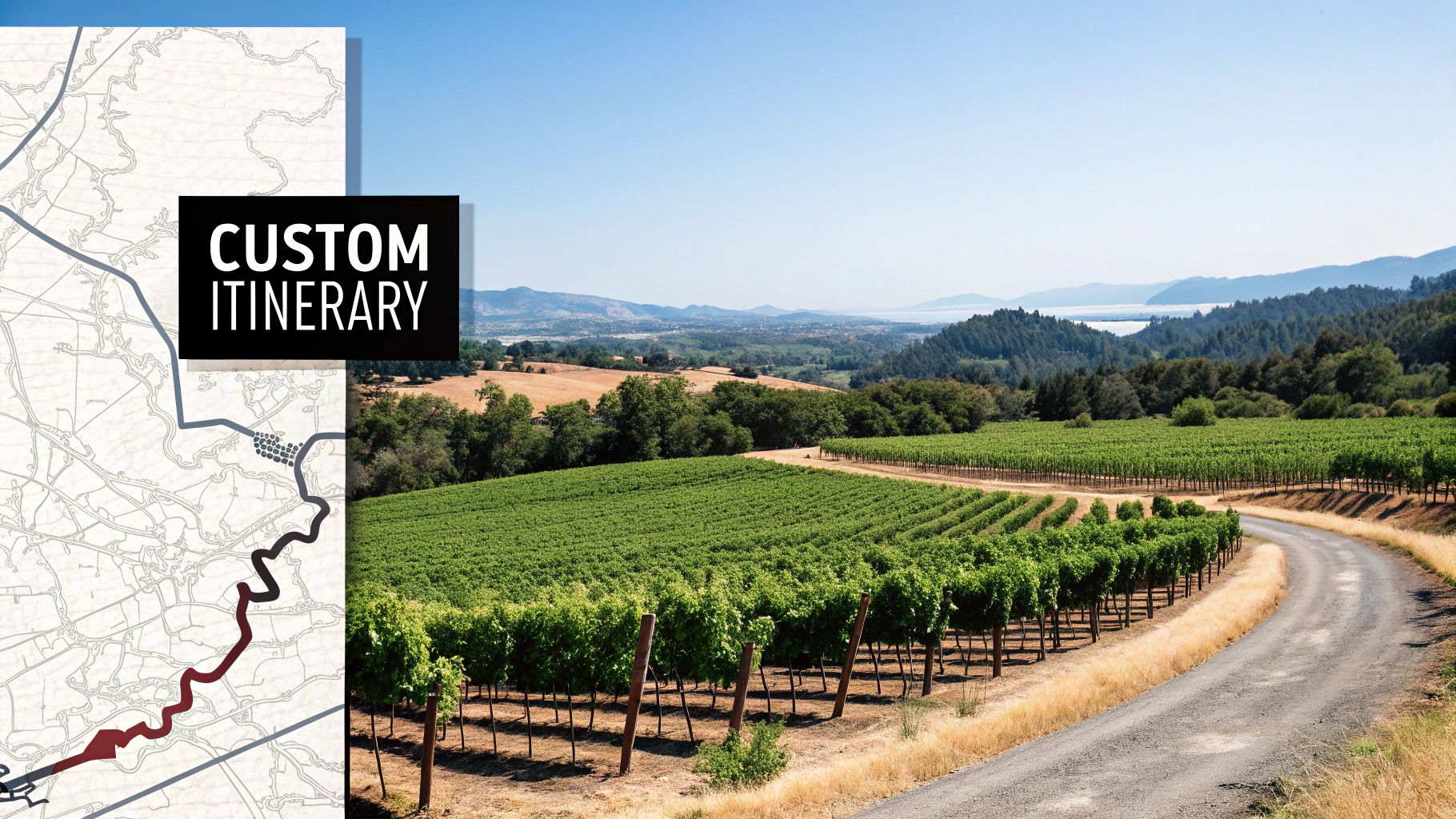 A Guide to Long Island Vineyard Transportation 3 A map of Long Island's wine country being planned on a rustic wooden table, with wine glasses and a bottle nearby.