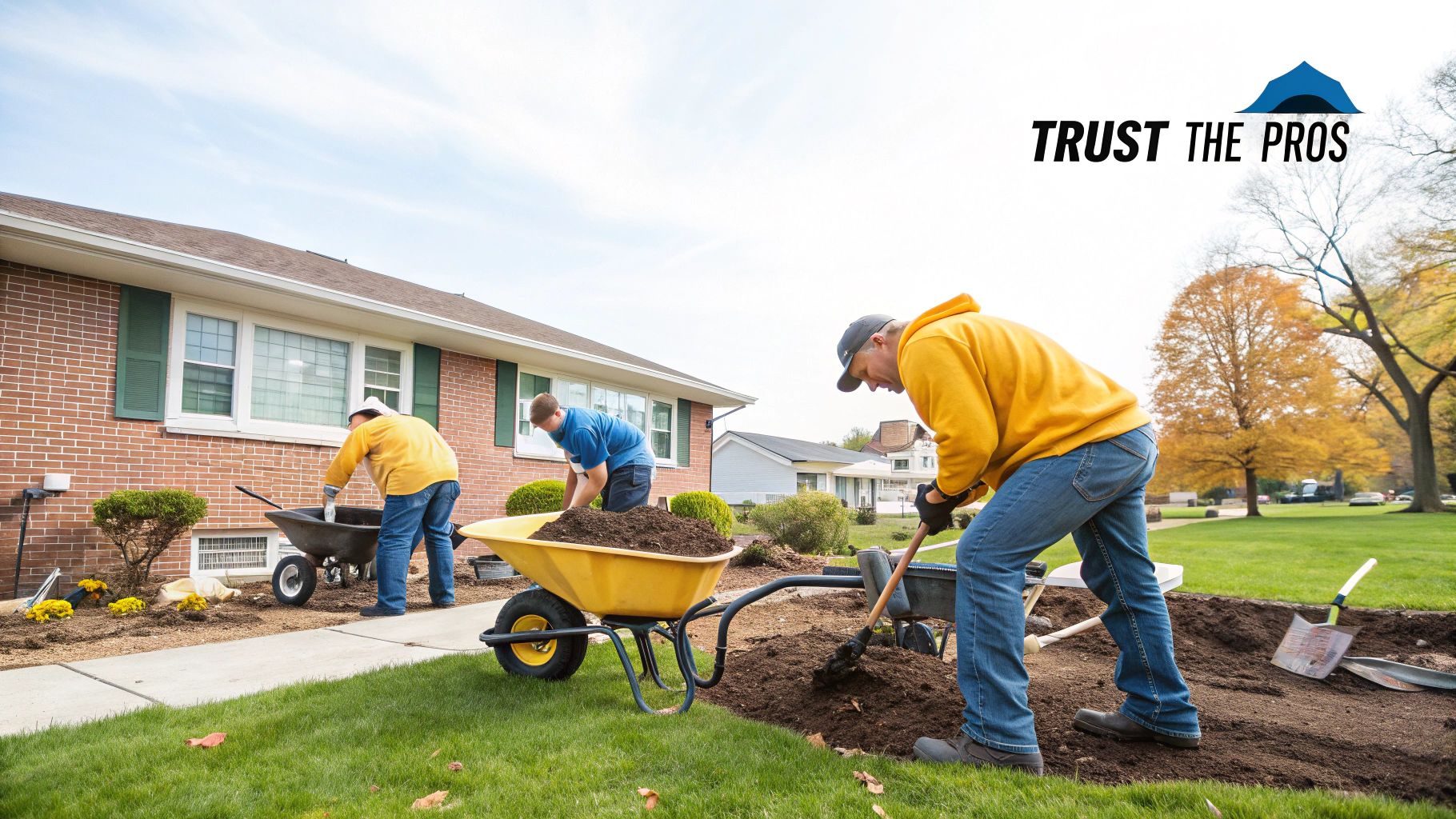 A professional landscaper spreading topsoil evenly across a new lawn bed.