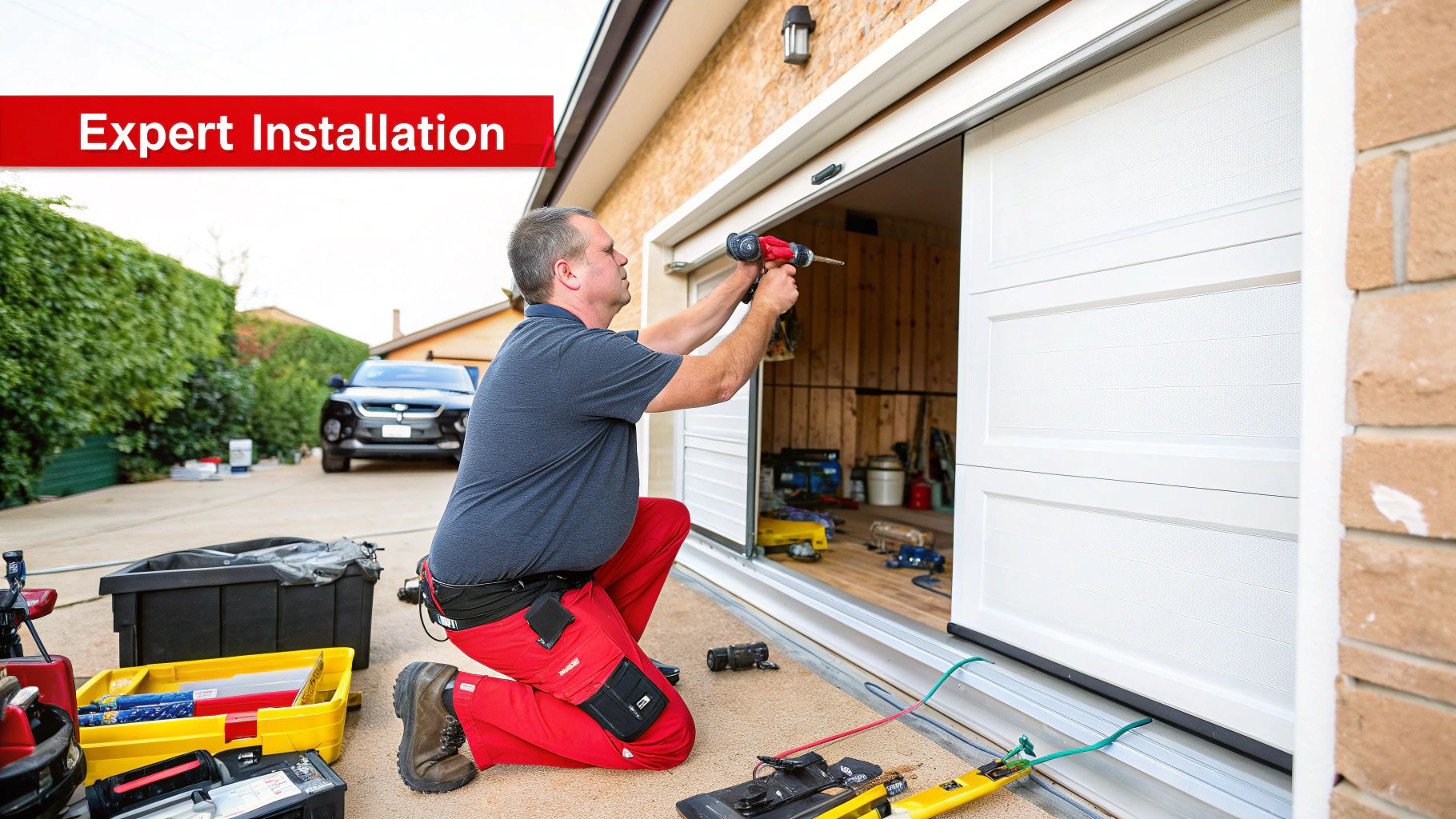 A professional technician carefully installing a wind-rated garage door, focusing on track alignment and securing hardware.