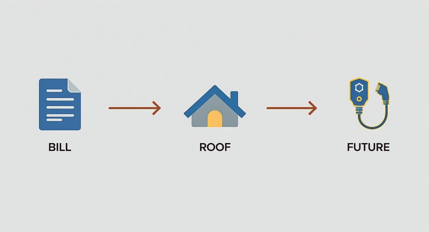 Infographic showing a three-step process for gathering solar data: first, a document icon for a utility bill; second, a house roof icon for assessing the roof; third, an EV charger icon for future energy needs.