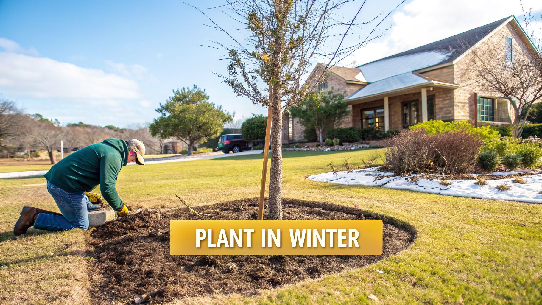 A newly planted sapling being watered, with sunlight filtering through surrounding foliage.