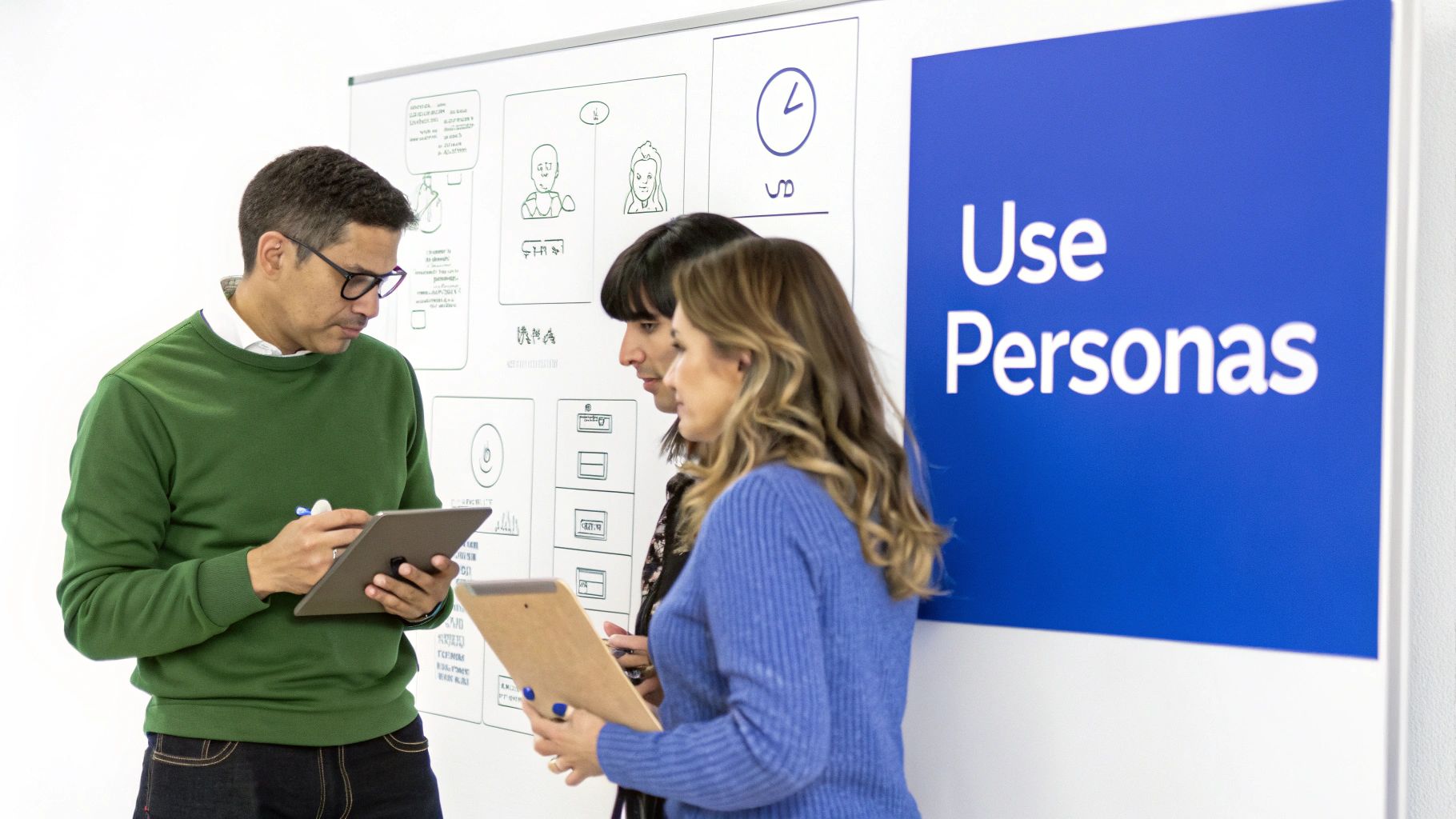 A woman updating charts and graphs on a digital tablet, symbolizing the process of keeping buyer personas current.