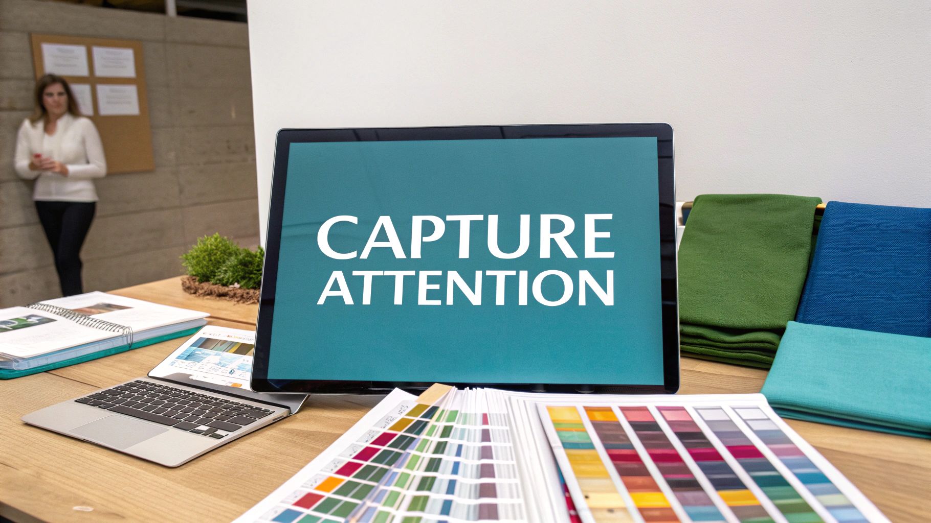 Woman looking at a vibrant pop up display in a trade show setting