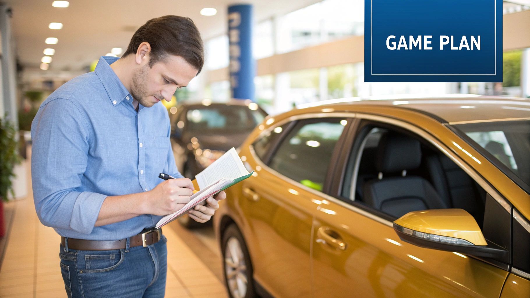 A person confidently shaking hands with a car salesperson after a successful negotiation.