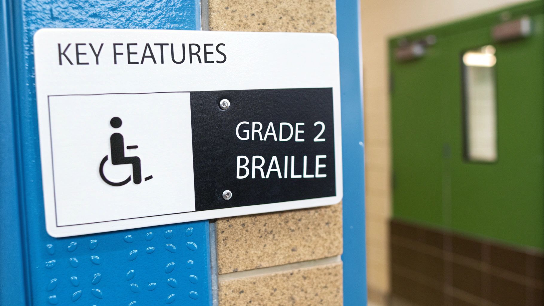A detailed close-up of an ADA compliant restroom sign, highlighting the tactile lettering and Braille dots.