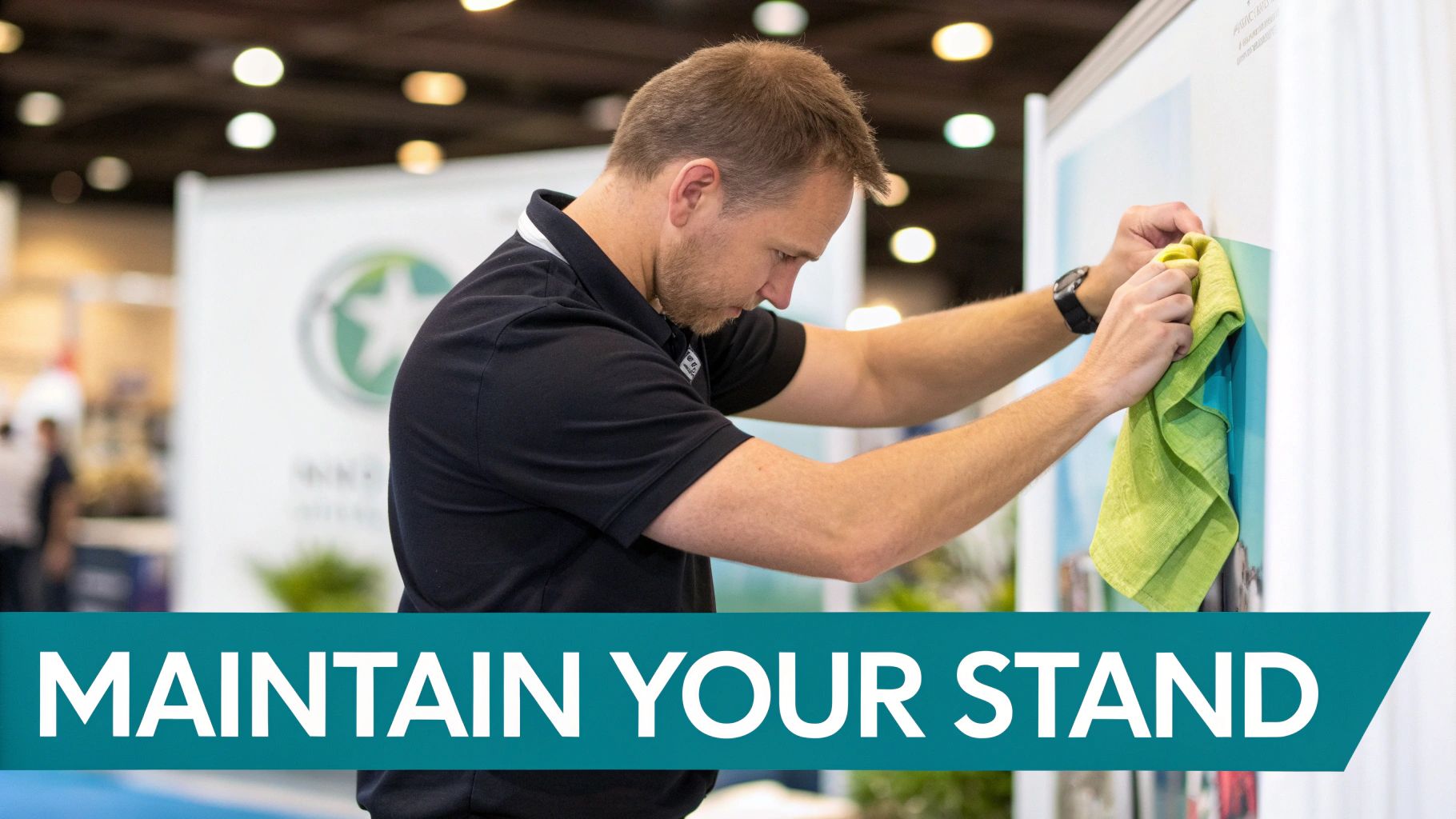 A person carefully cleaning a vertical banner stand in a workshop environment.