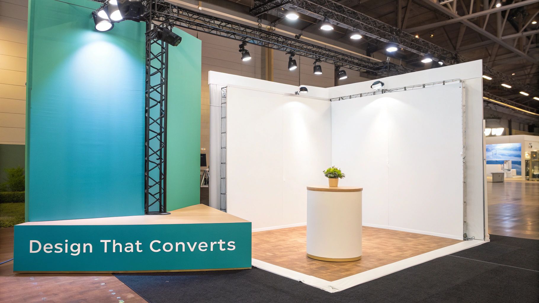 A modern and inviting trade show display booth designed for engagement.