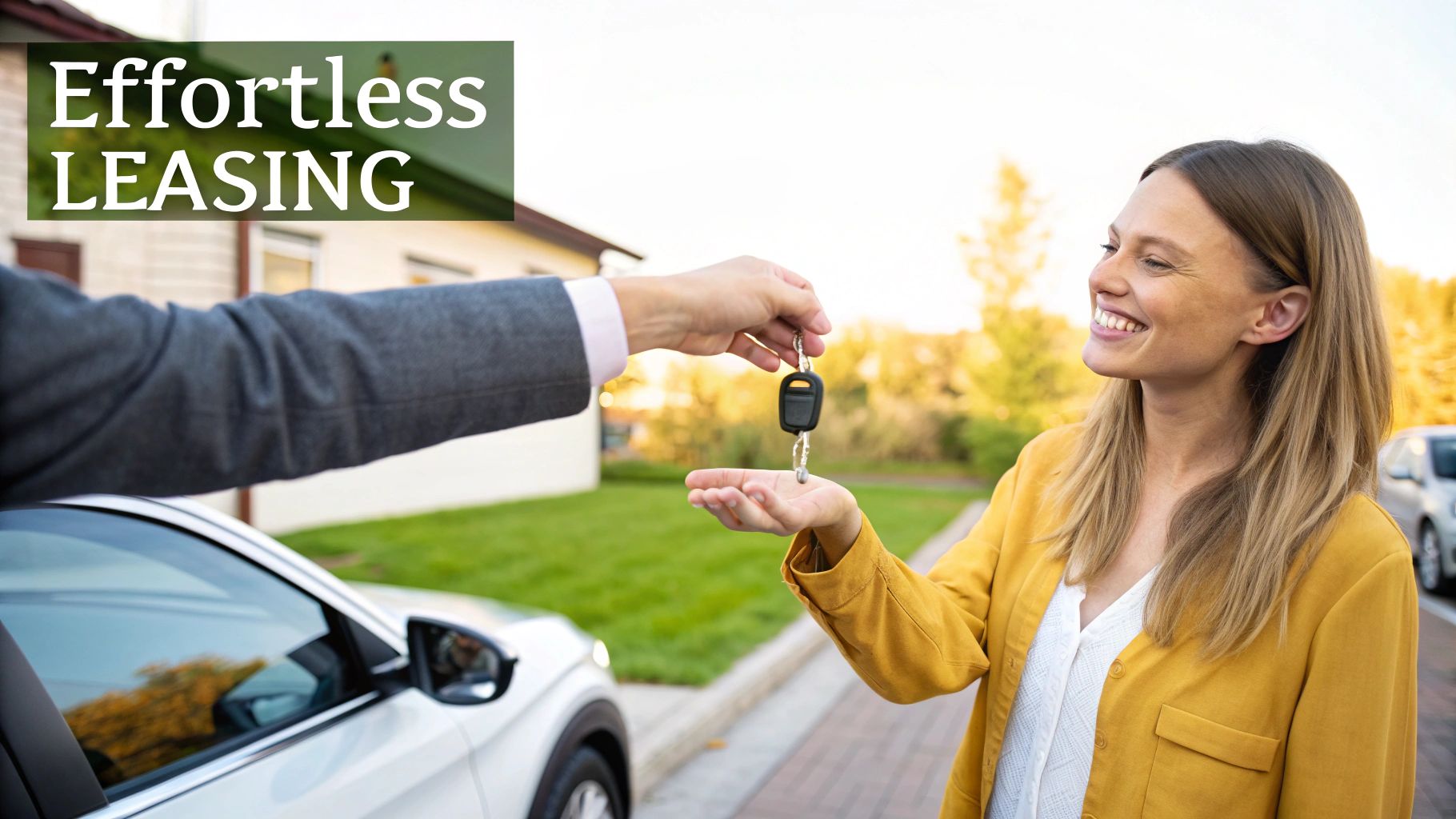 A family happily receiving the keys to their new SUV from a friendly concierge in their own driveway.