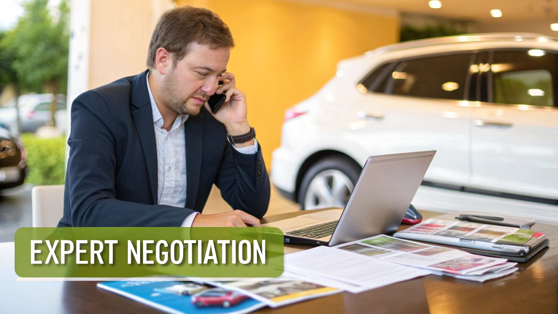 A person looking at car options on a tablet in a modern home office.