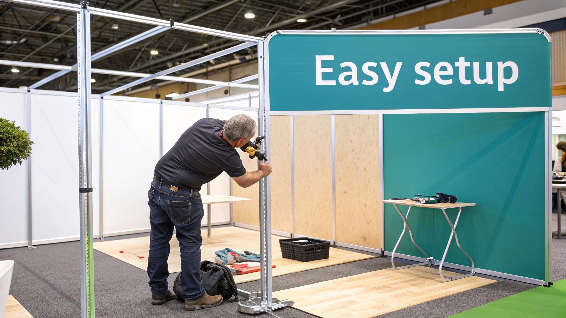 A well-integrated trade show display banner within a cohesive booth layout, showing balance and strategic placement.