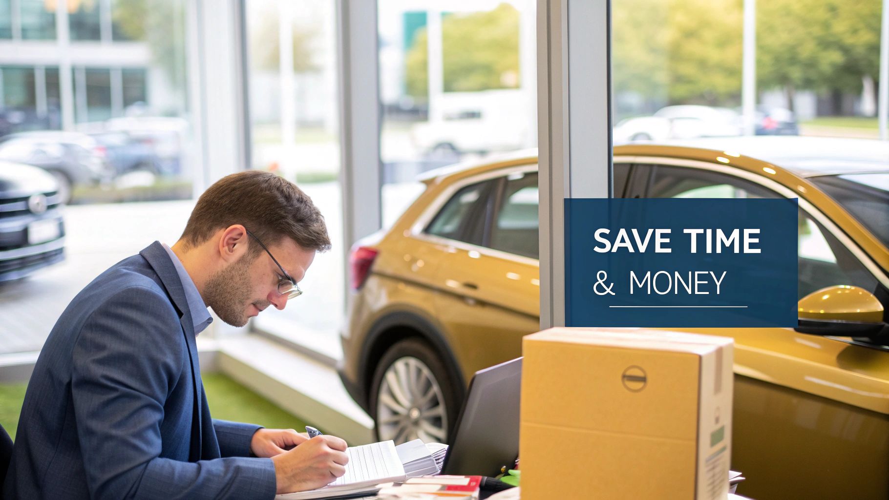 A busy professional reviewing a car lease agreement at their office desk.