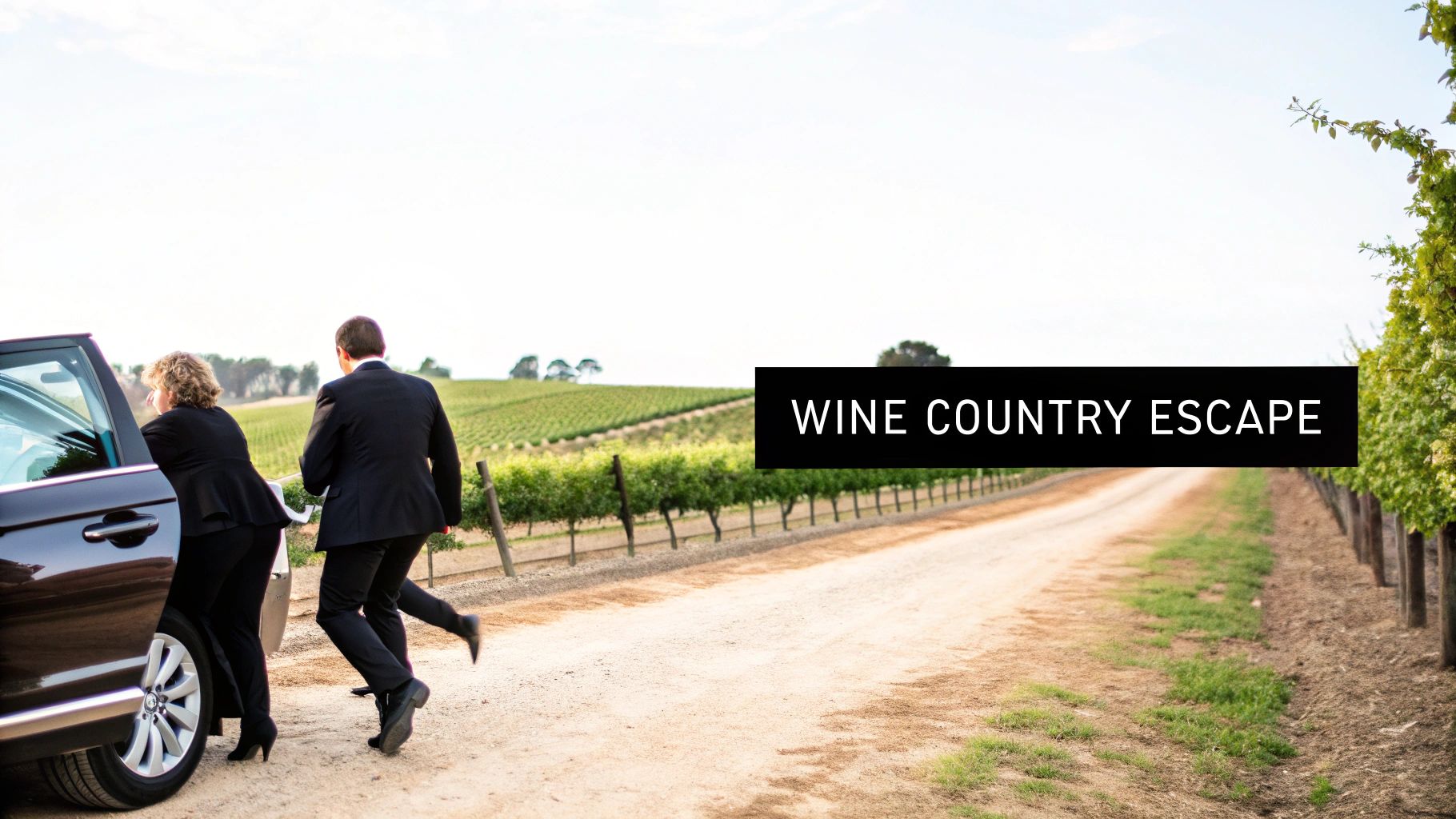 Group of friends enjoying a wine tour in a vineyard with a limousine in the background.