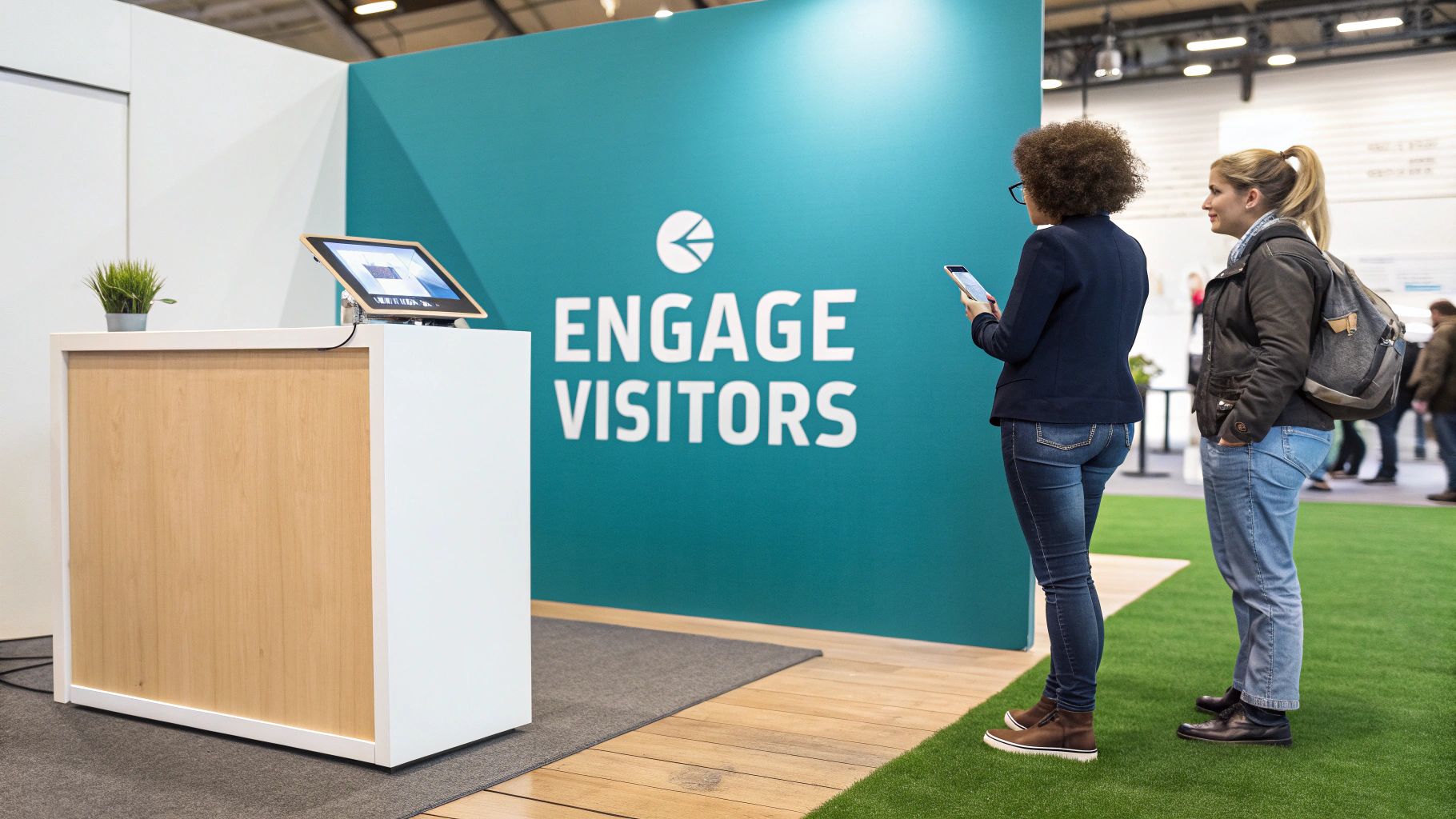 A cohesive trade show booth with a pop up display, branded counter, and lighting creating an inviting atmosphere.