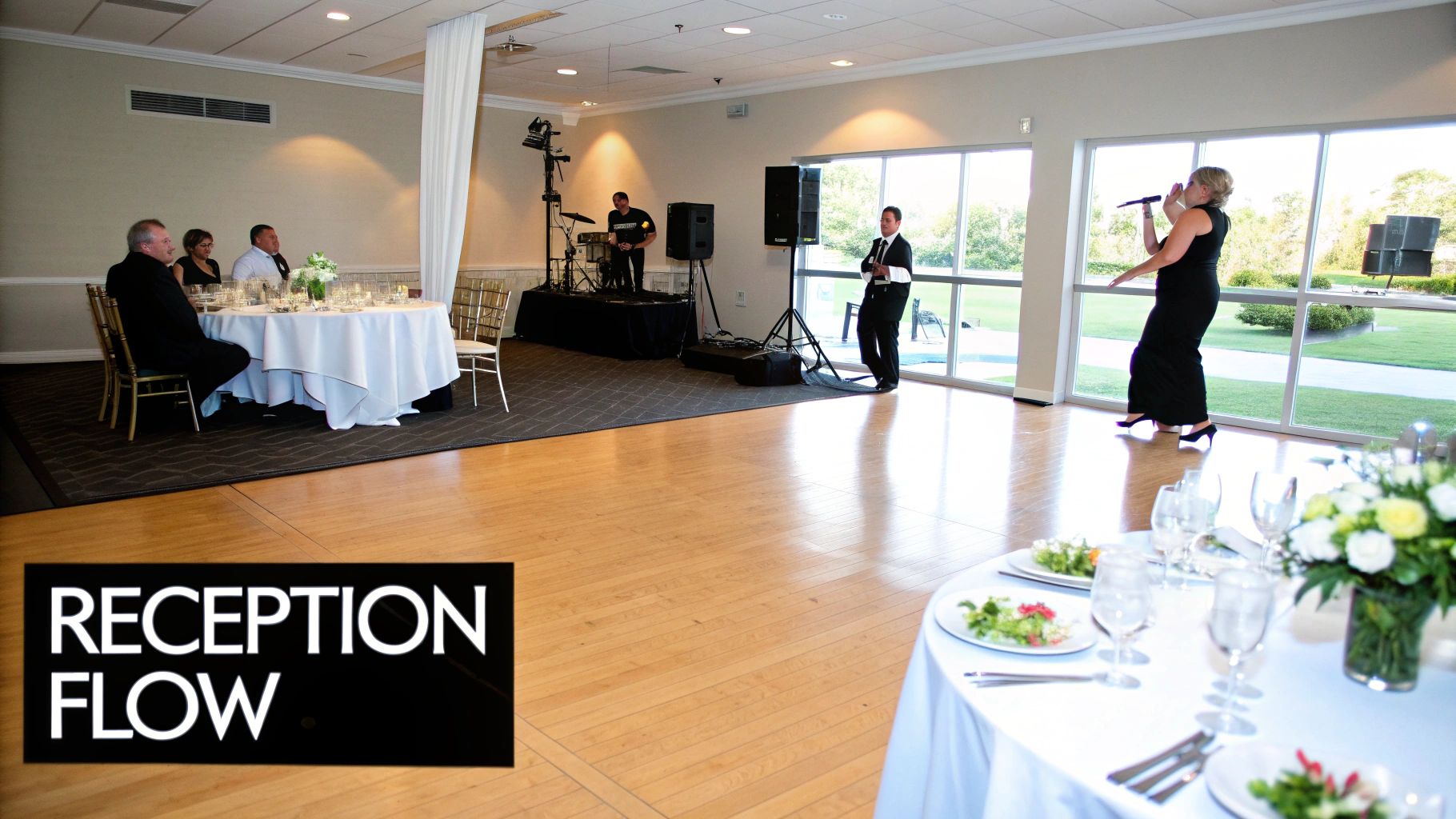 A lively wedding reception with guests dancing and celebrating.