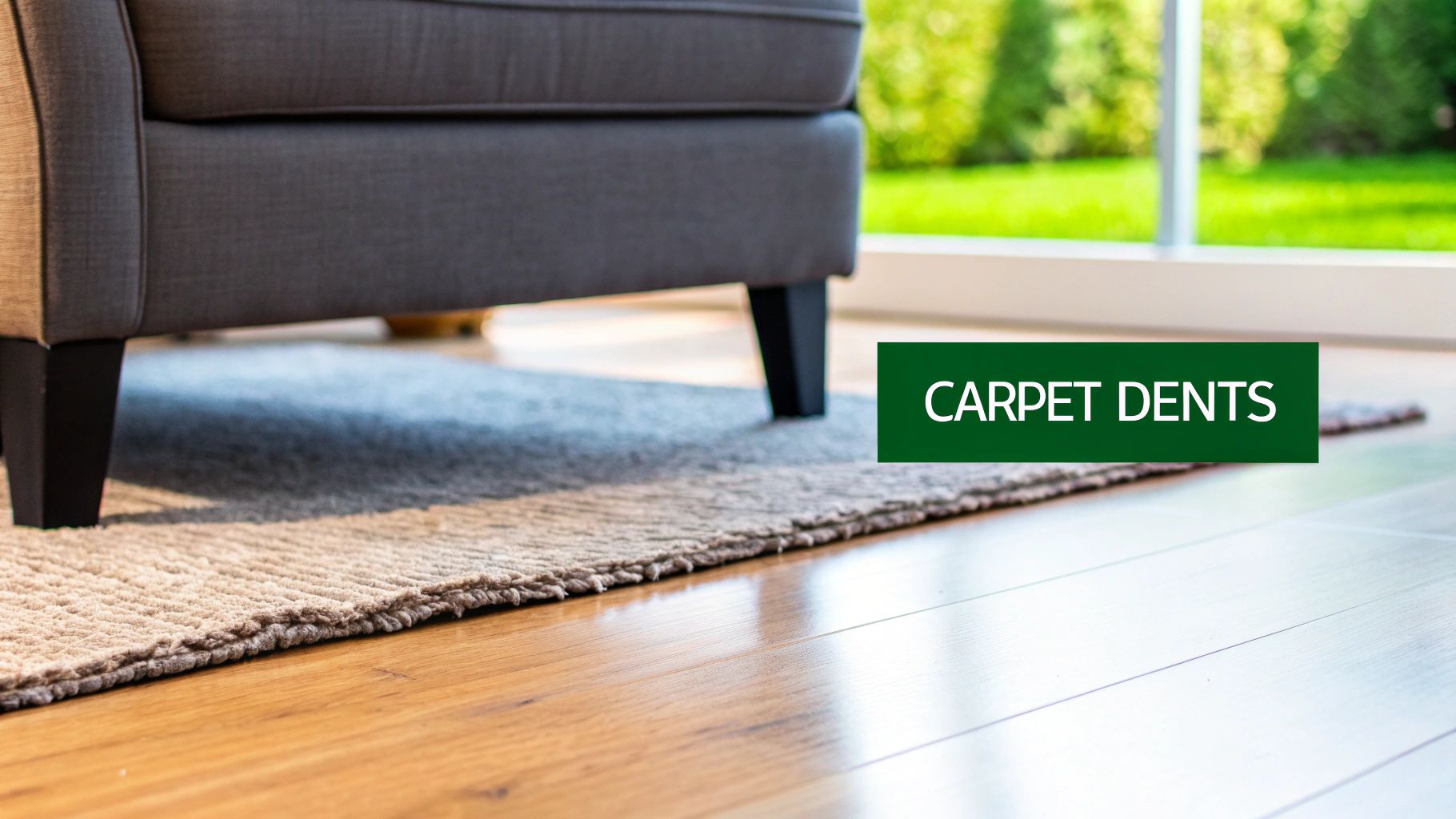 A deep furniture indentation on a light-colored carpet.