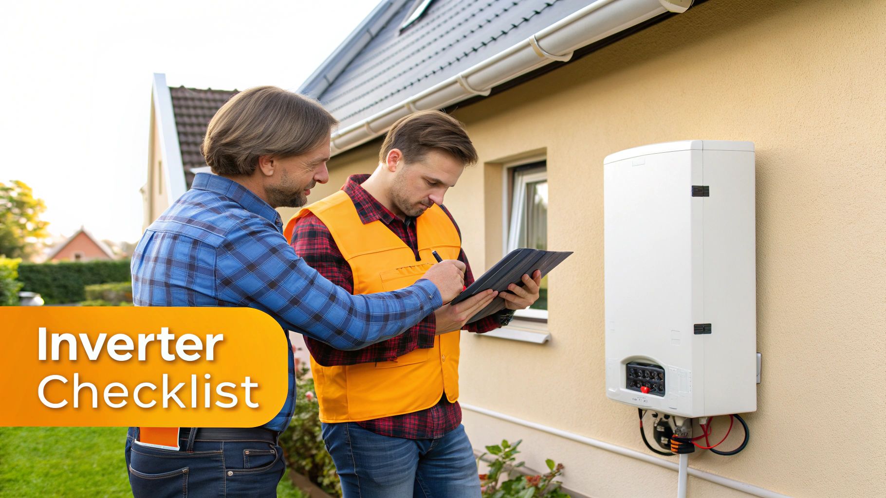 A technician checks the readings on a modern solar inverter mounted on an exterior wall.