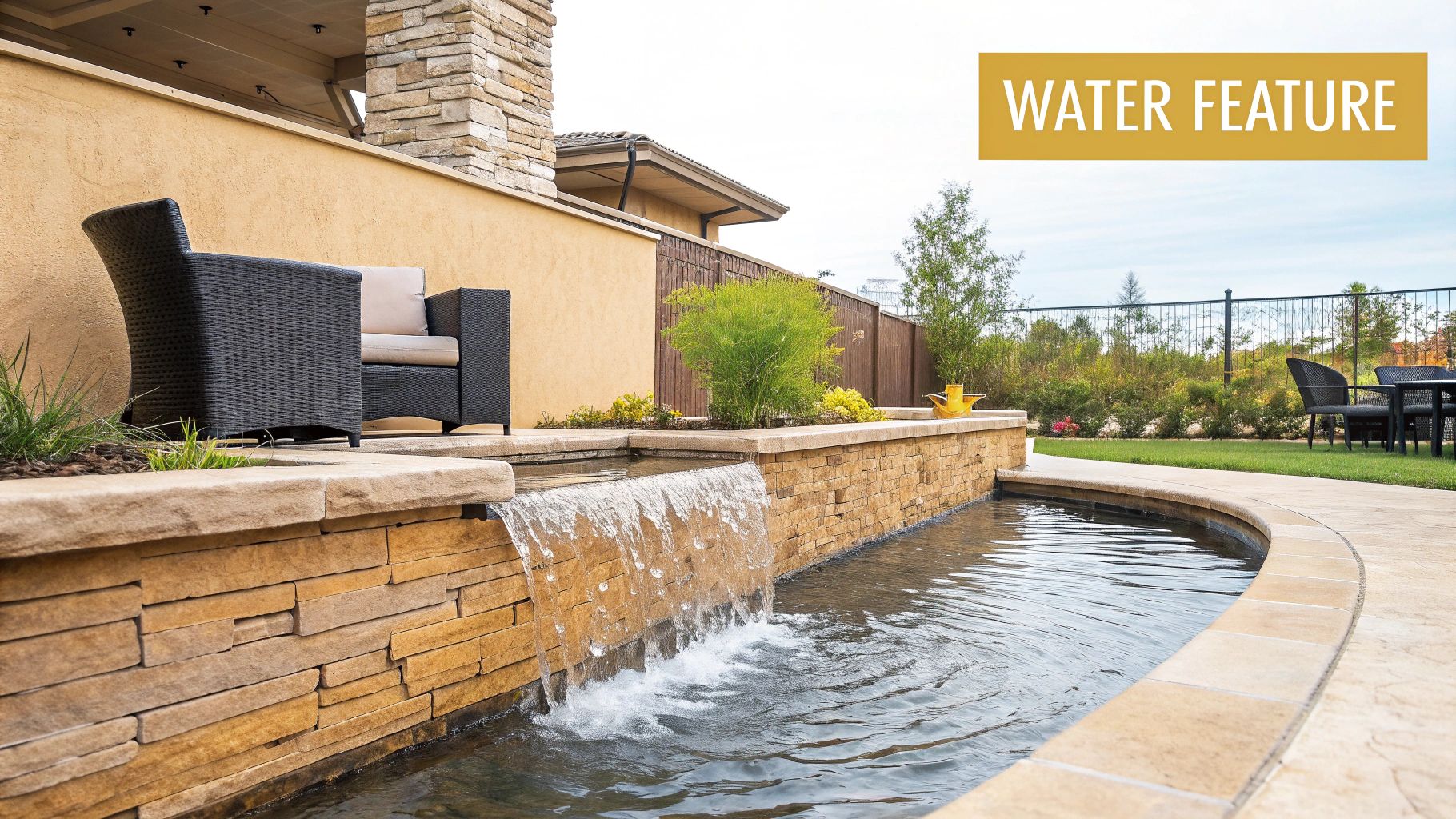 Water Feature Integration with Retaining Wall and Patio