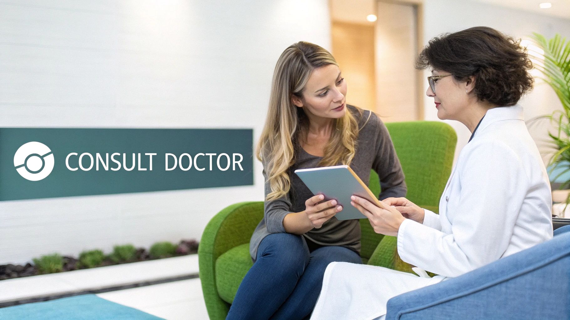 A woman consulting with a healthcare professional in a bright, modern office.