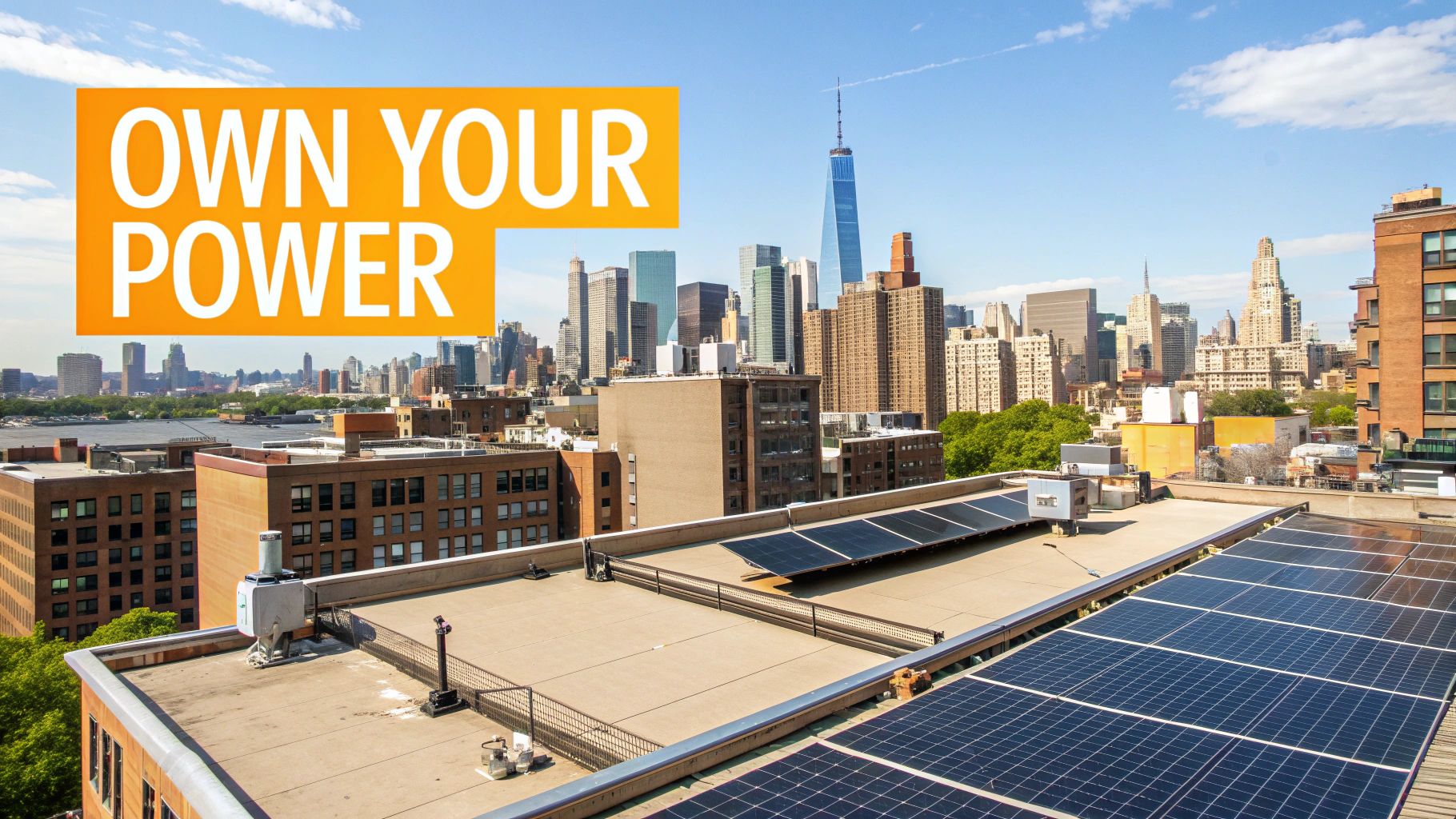 A bright, modern home in New York City with solar panels installed on its roof, showcasing clean energy in an urban setting.
