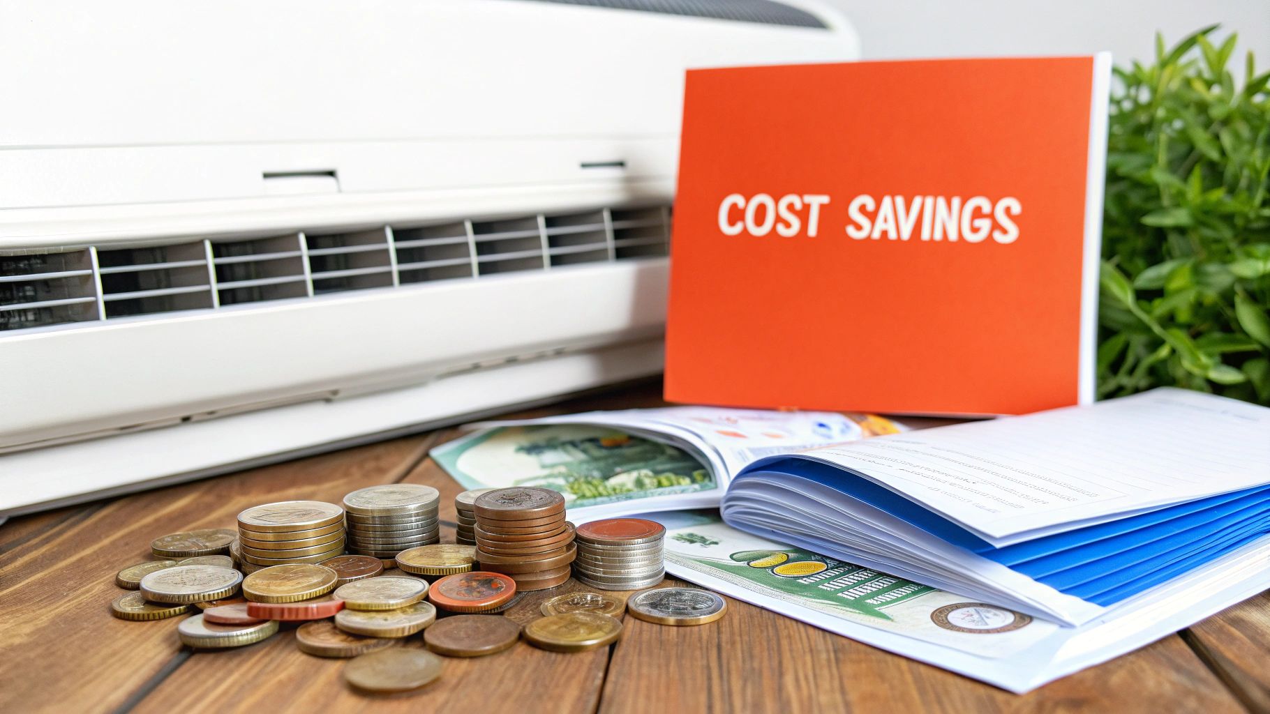 A person using a calculator to budget for home maintenance costs, with an AC unit visible in the background.