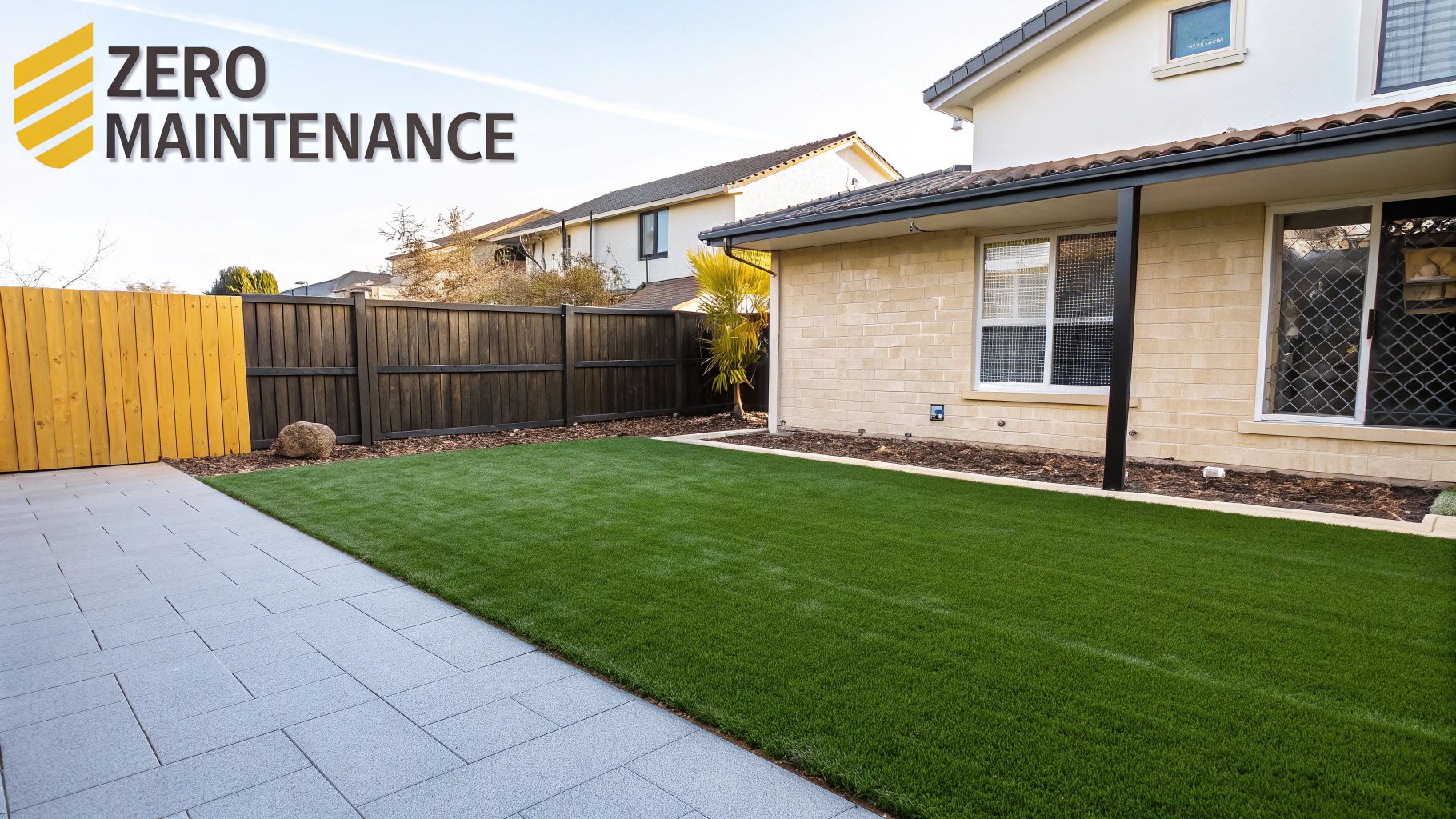 A newly installed artificial turf lawn in a backyard, looking lush and green.