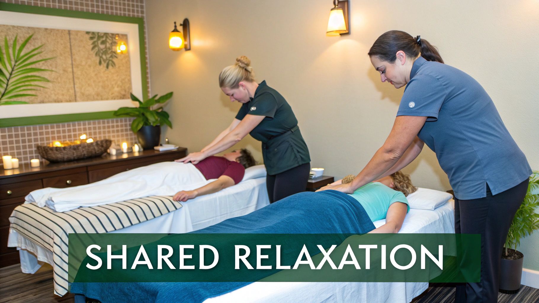 A couple receives a massage in a tranquil, softly lit room with two massage tables.