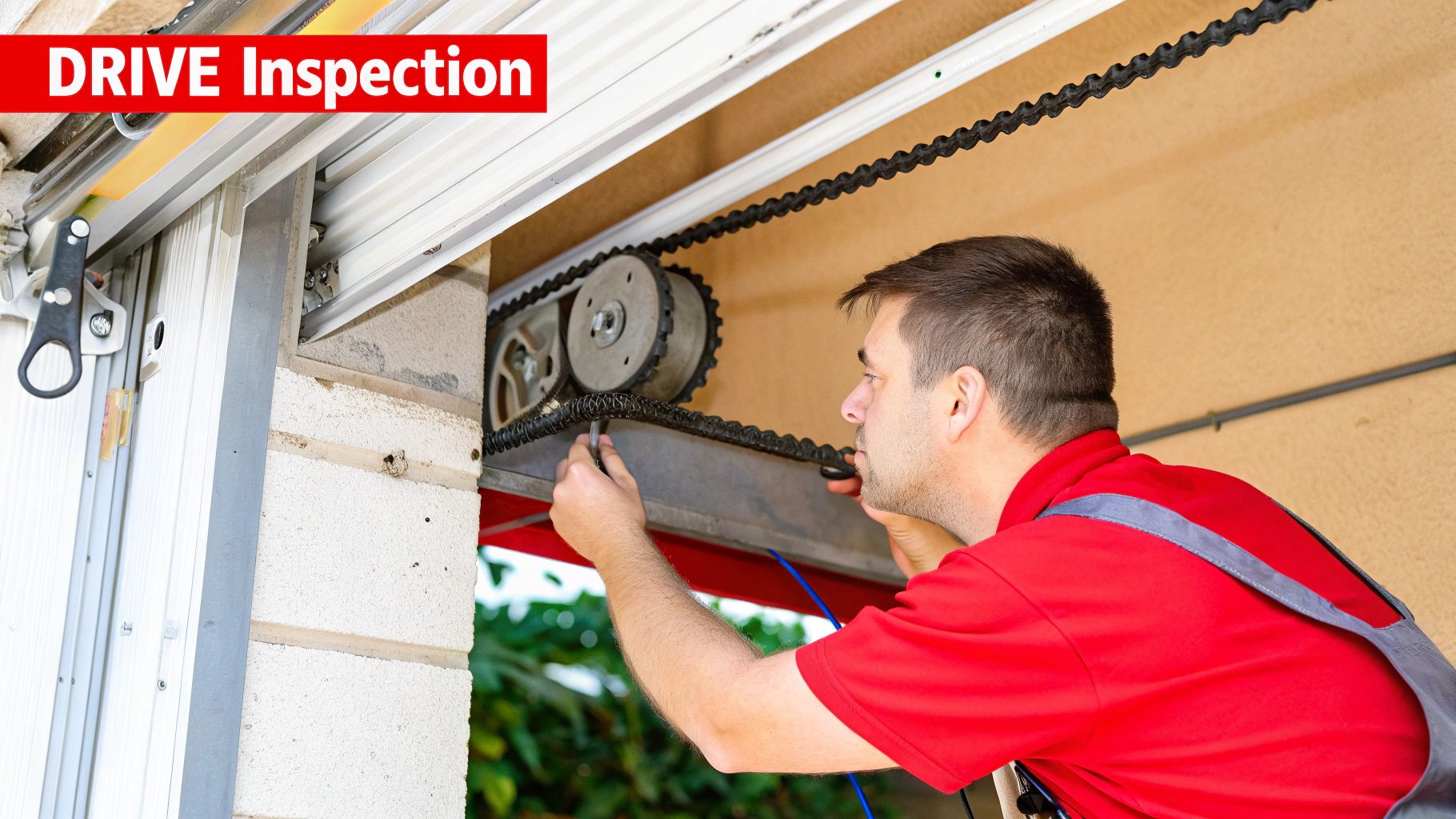 A close-up of a garage door opener motor and chain drive mechanism.