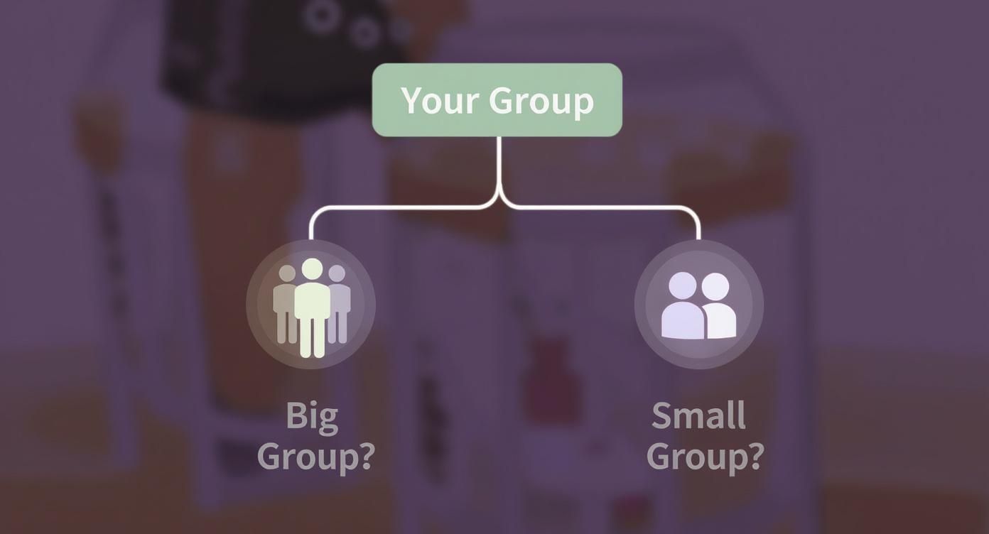 Infographic decision tree helping users choose the right winery vibe based on group size.