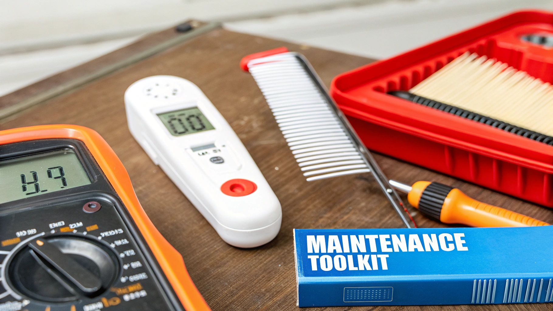A Guide to Commercial Walk-In Cooler Repair 3 A set of tools including a digital thermometer, fin comb, and multimeter neatly arranged.