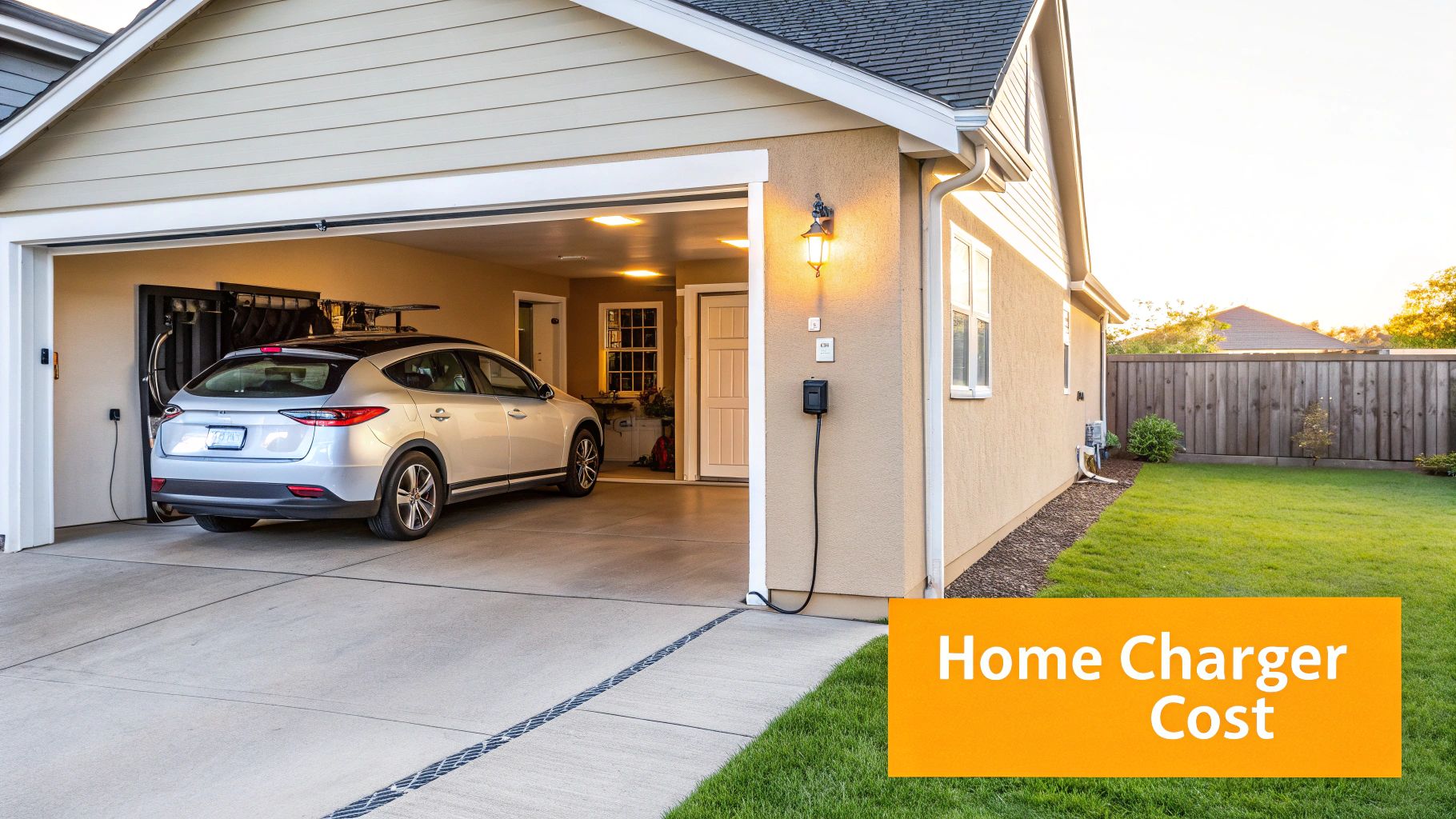 A sleek, modern Level 2 EV charger mounted on a garage wall, connected to a black electric vehicle.