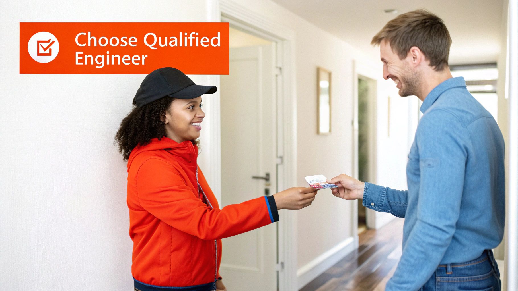 A heating engineer inspecting a boiler and showing an ID card to a homeowner.
