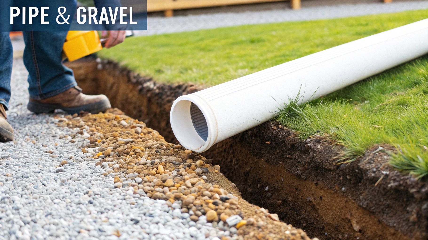 A person laying perforated pipe into a gravel-lined trench for a French drain.