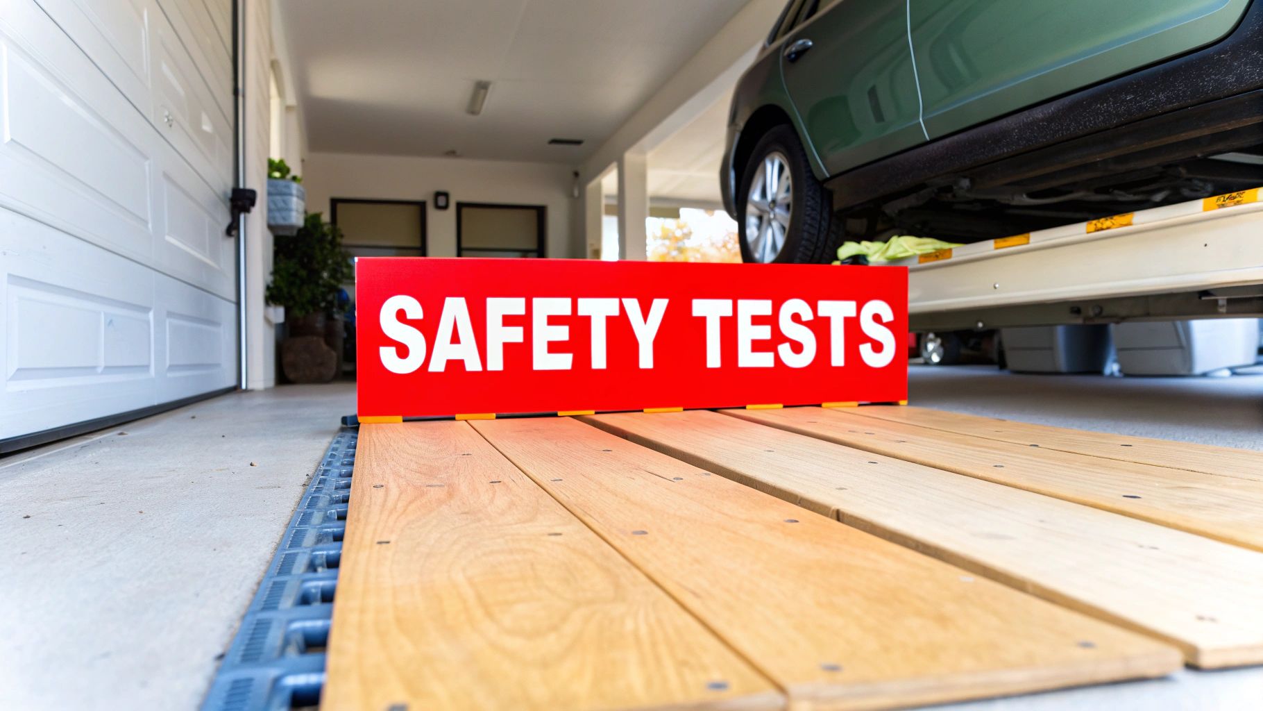 A technician applying lubricant to garage door hinges.