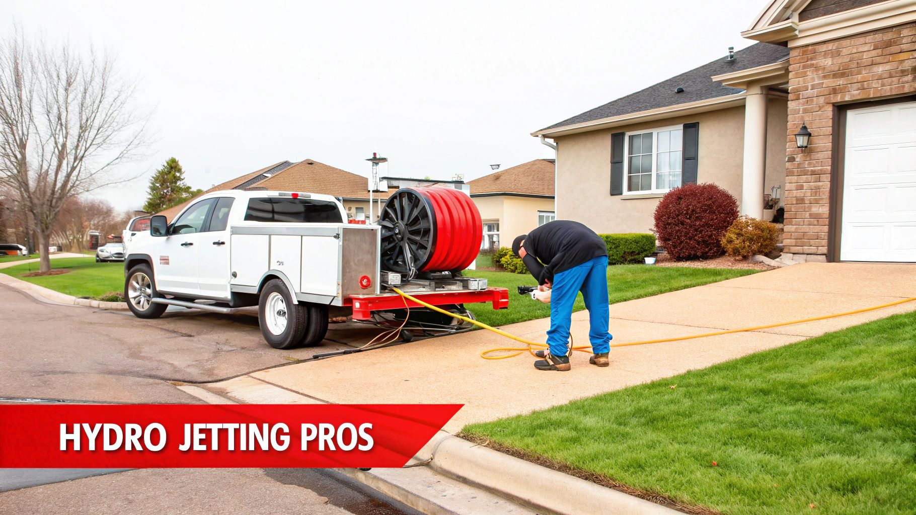 Hydro jetting nozzle spraying high-pressure water inside a sewer pipe.