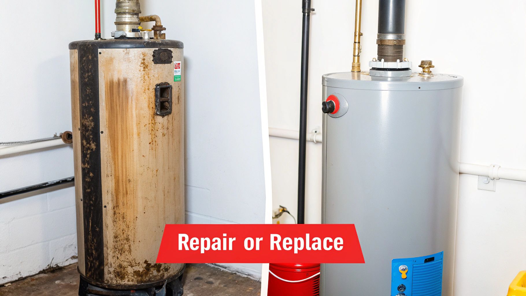 A split image showing an old, rusty water heater on one side and a new, clean water heater on the other.